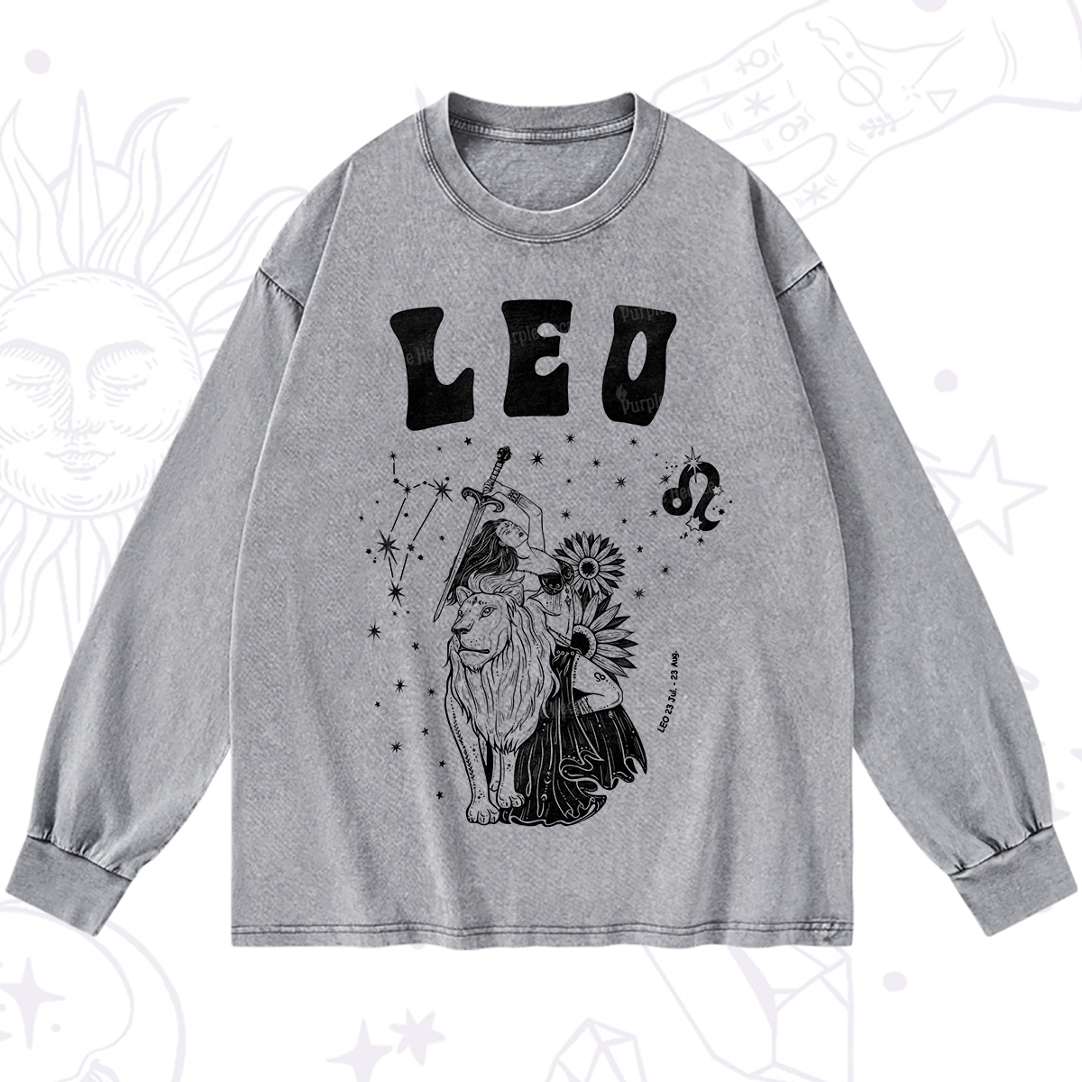 Purplehecate Leo Zodiac Glyphs  Washed Long Sleeve Shirt