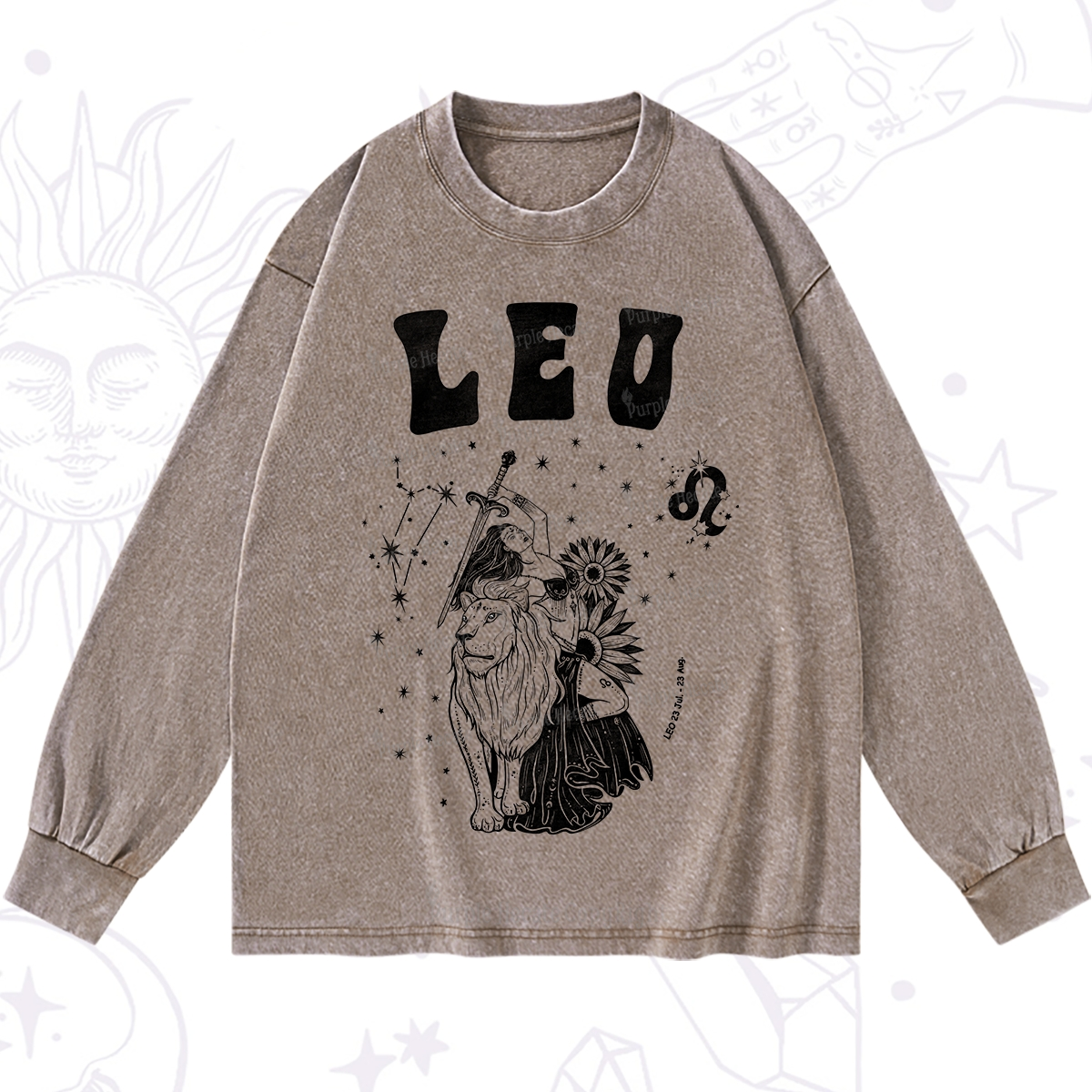 Purplehecate Leo Zodiac Glyphs  Washed Long Sleeve Shirt