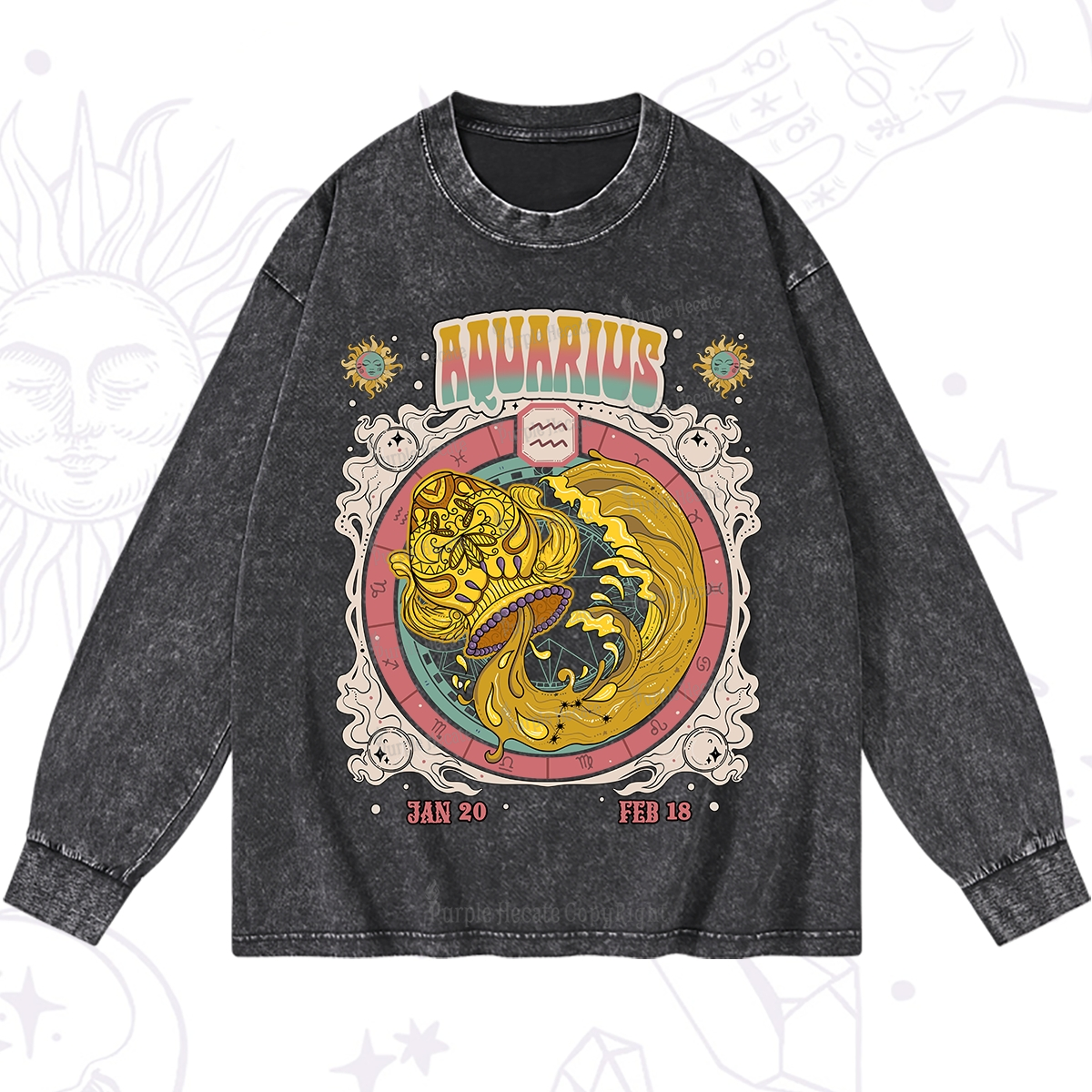 Purplehecate Aquarius Cosmic Zodiac Washed Long Sleeve Shirt