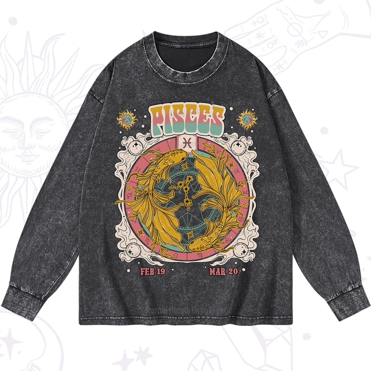 Purplehecate Pisces Cosmic Zodiac Washed Long Sleeve Shirt