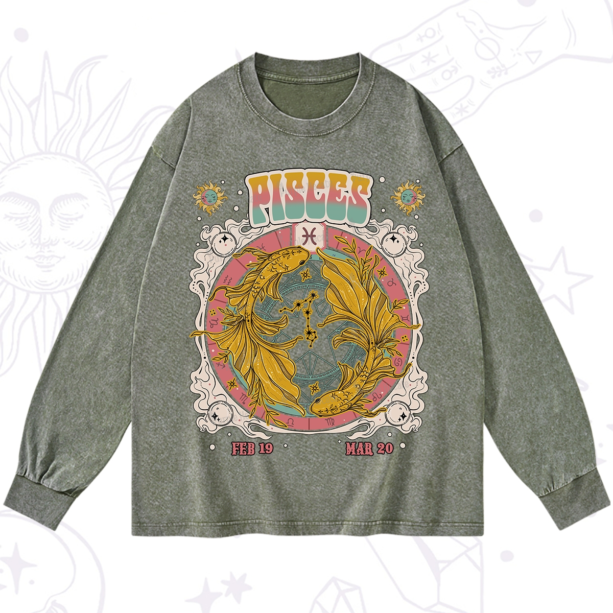 Purplehecate Pisces Cosmic Zodiac Washed Long Sleeve Shirt