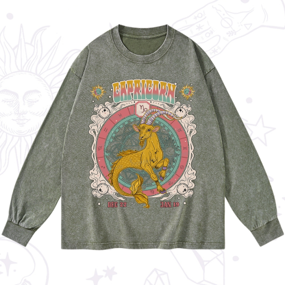Purplehecate Capricorn Cosmic Zodiac Washed Long Sleeve Shirt
