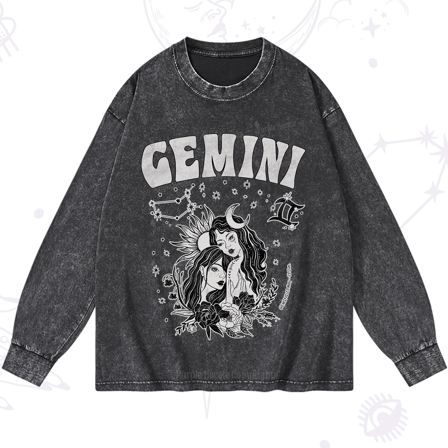 Purplehecate Gemini Zodiac Glyphs  Washed Long Sleeve Shirt