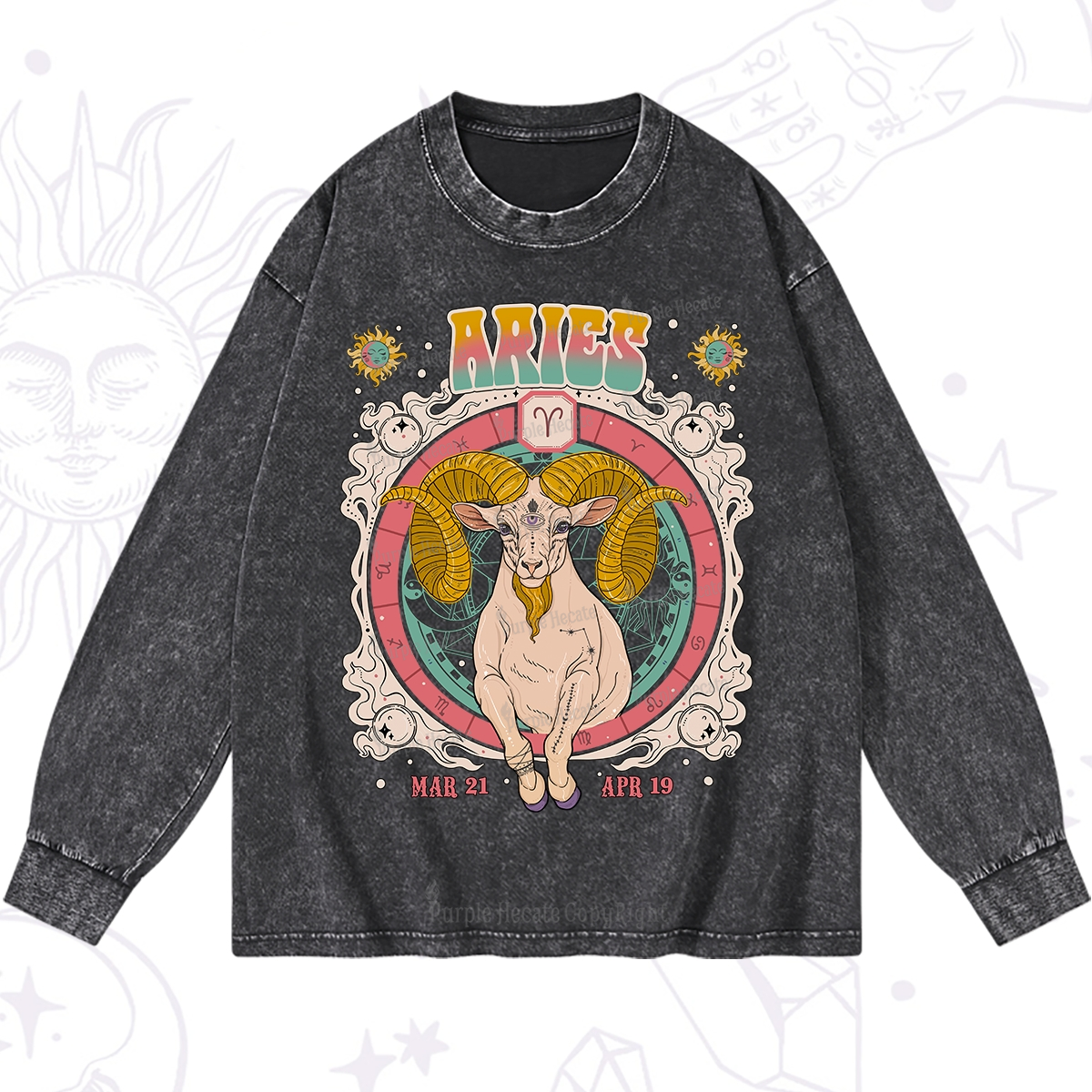 Purplehecate Aries Cosmic Zodiac Washed Long Sleeve Shirt