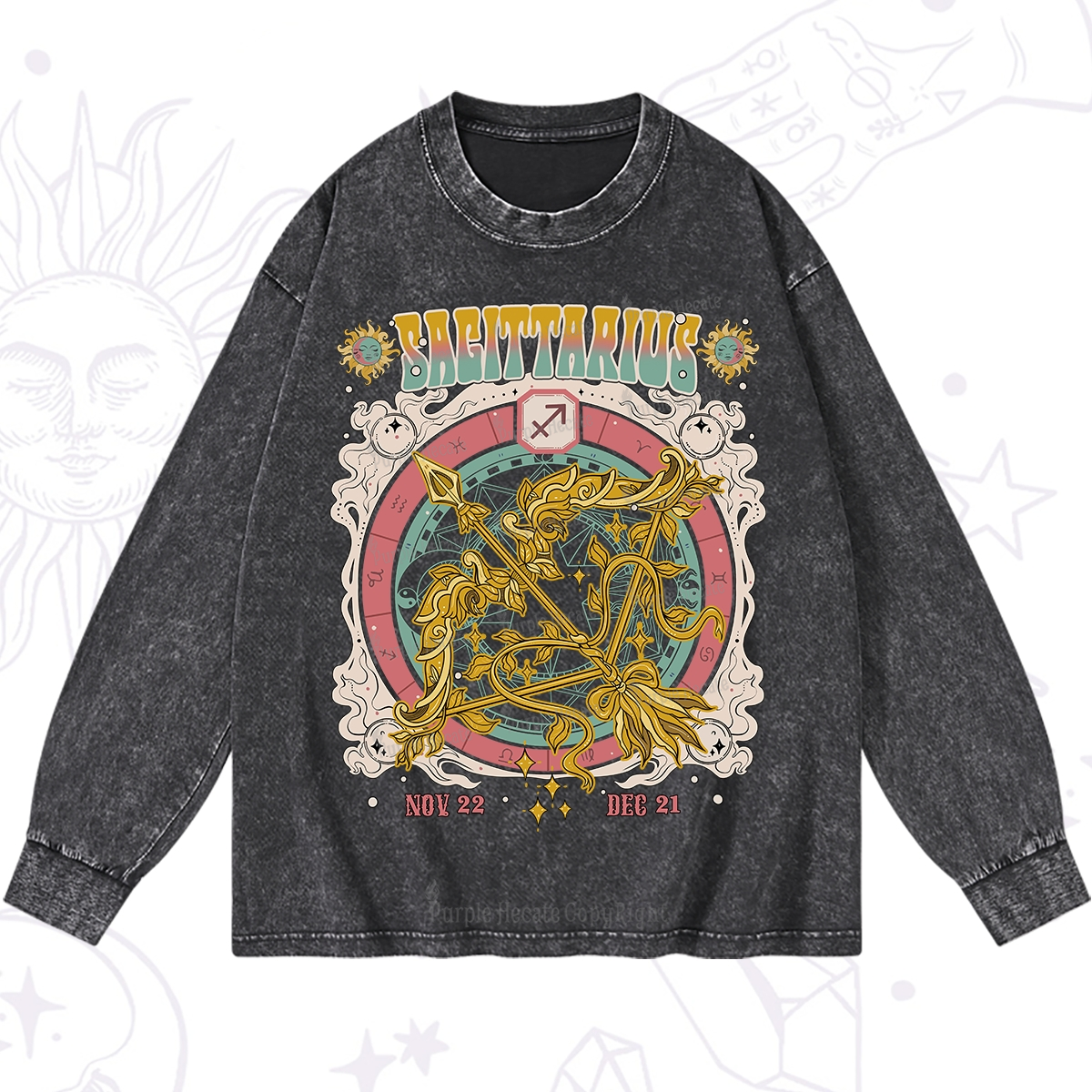 Purplehecate Sagittarius Cosmic Zodiac Washed Long Sleeve Shirt