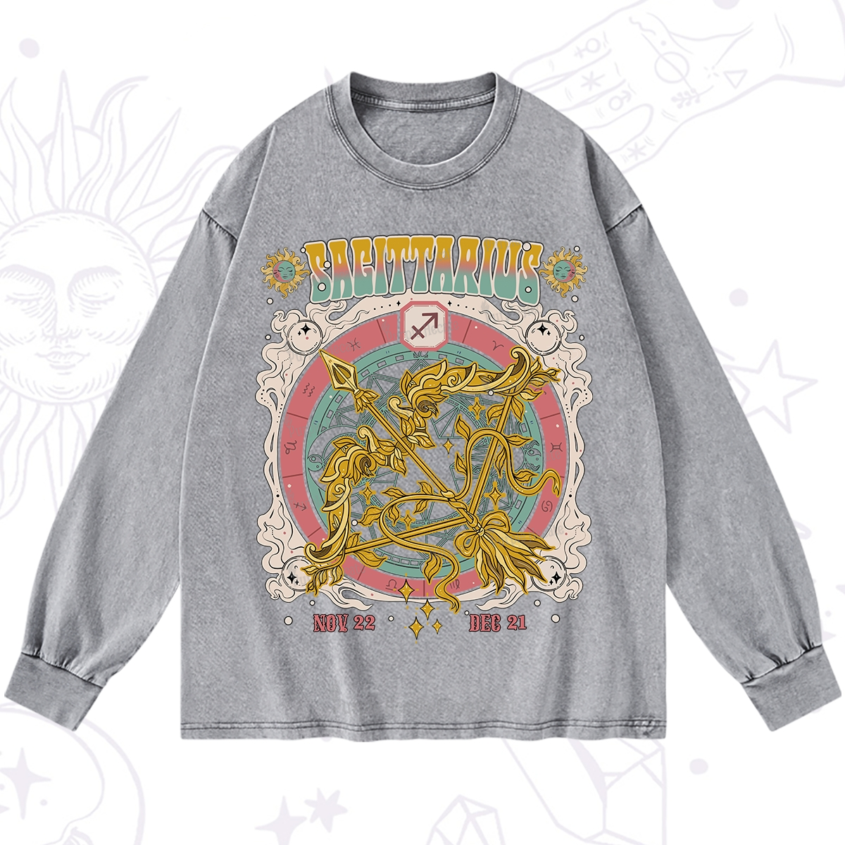 Purplehecate Sagittarius Cosmic Zodiac Washed Long Sleeve Shirt