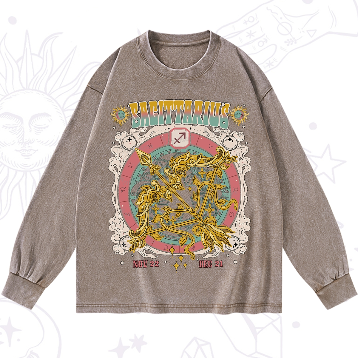 Purplehecate Sagittarius Cosmic Zodiac Washed Long Sleeve Shirt