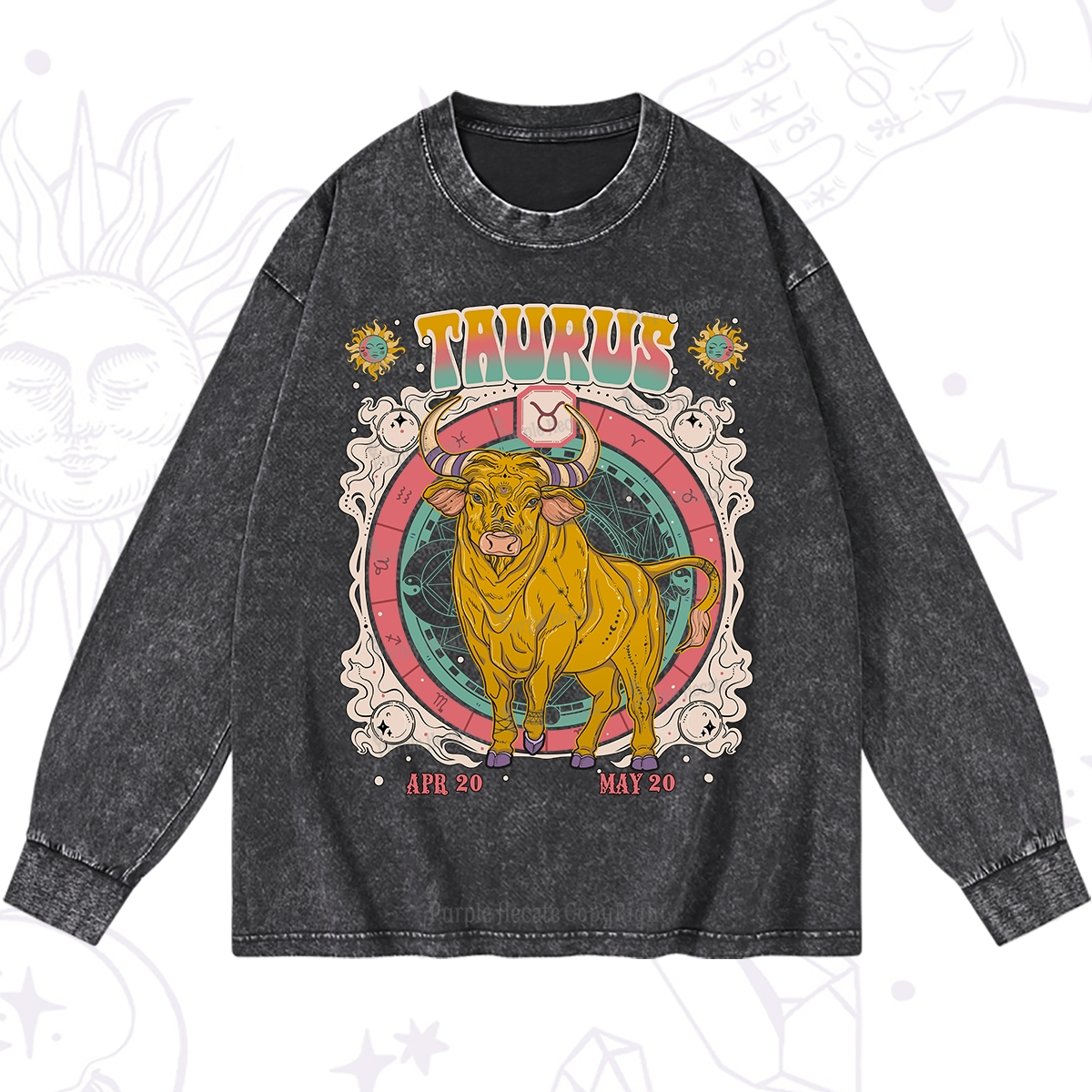 Purplehecate Taurus Cosmic Zodiac  Washed Long Sleeve Shirt