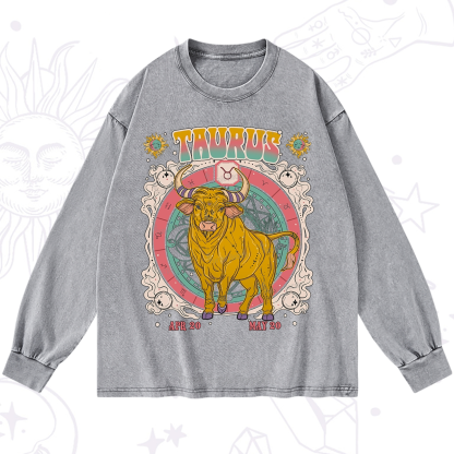 Purplehecate Taurus Cosmic Zodiac  Washed Long Sleeve Shirt