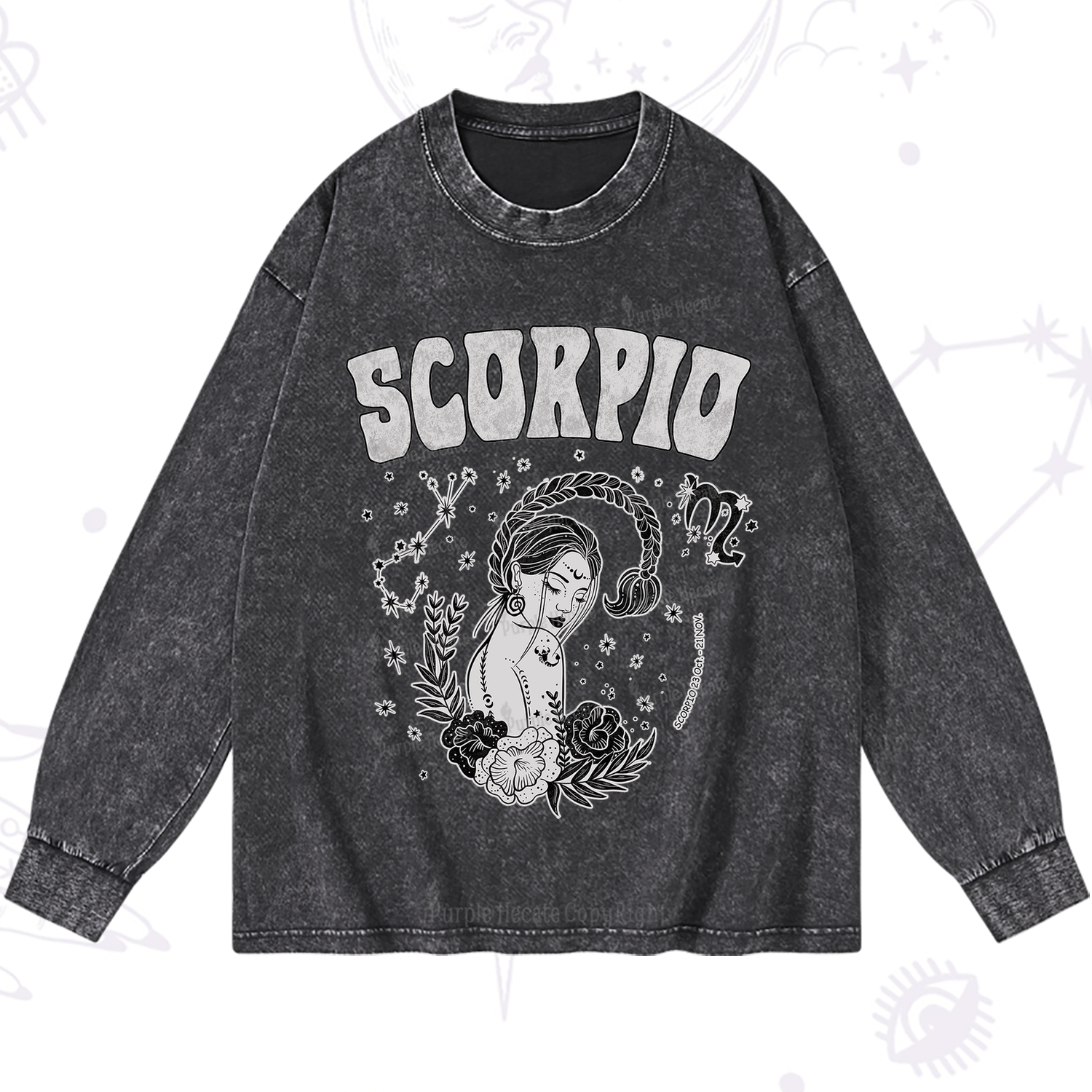 Purplehecate Scorpio Zodiac Glyphs  Washed Long Sleeve Shirt