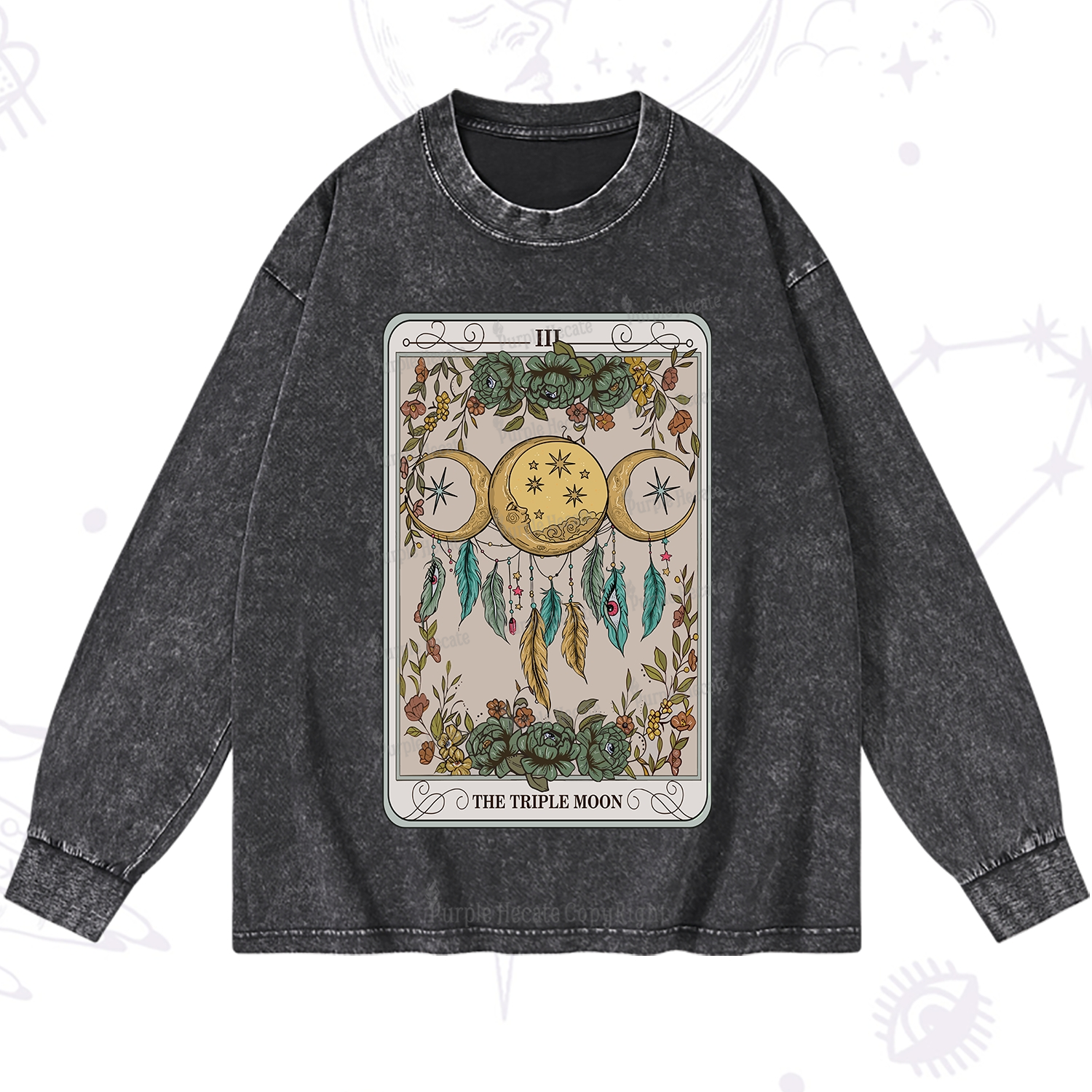 Purplehecate The Triple Moon Tarot Card Washed Long Sleeve Shirt