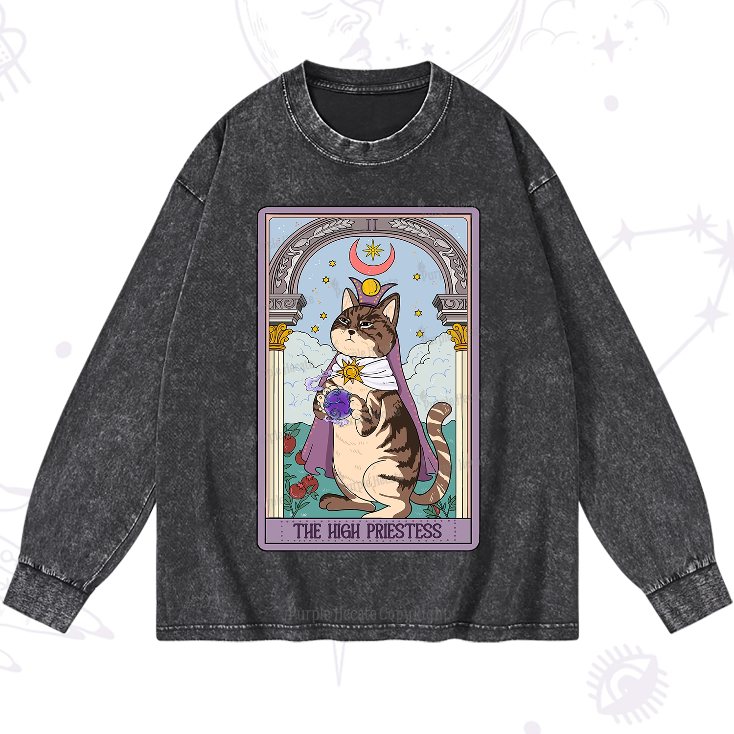 Purplehecate The High Priestess Cat Tarot Washed Long Sleeve Shirt