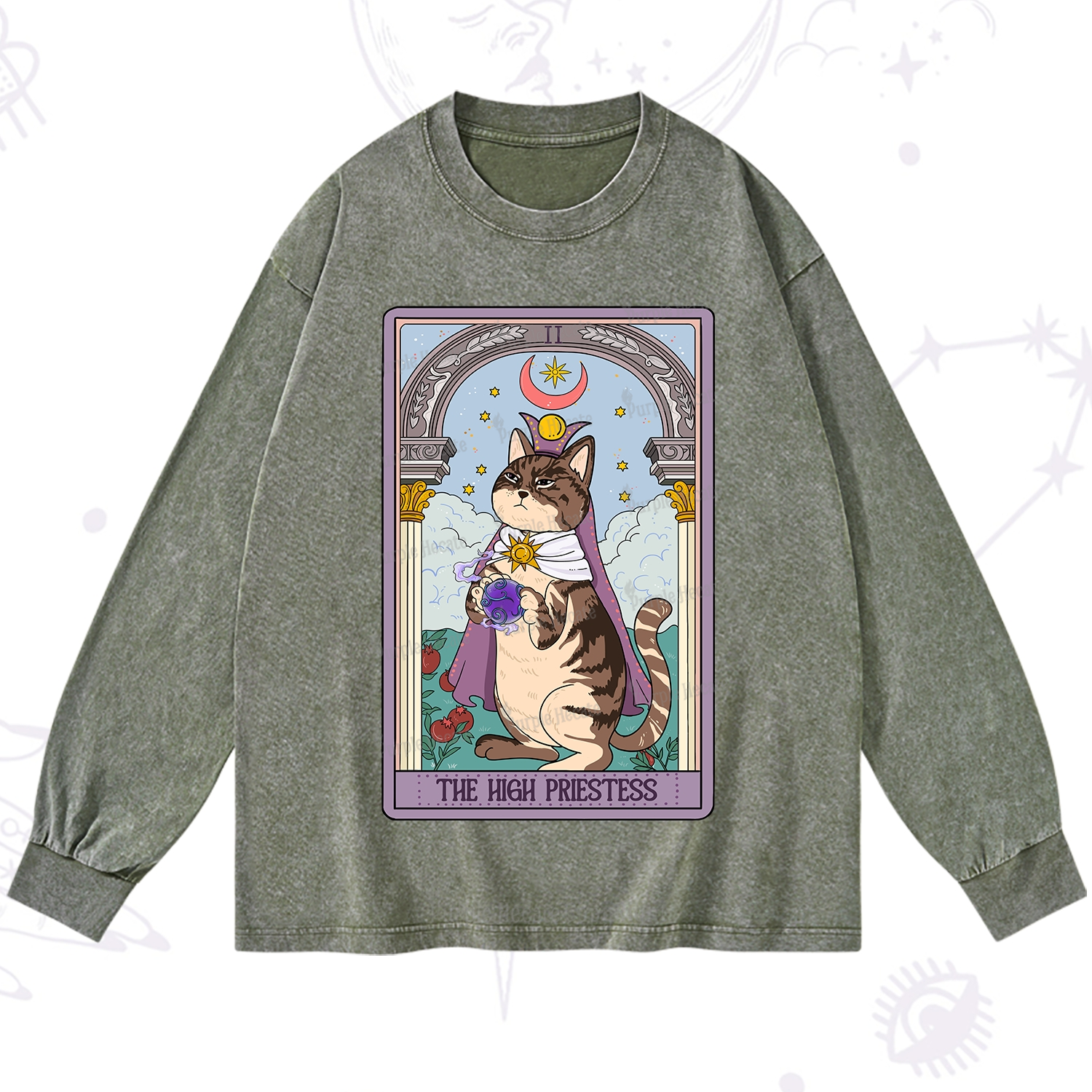 Purplehecate The High Priestess Cat Tarot Washed Long Sleeve Shirt