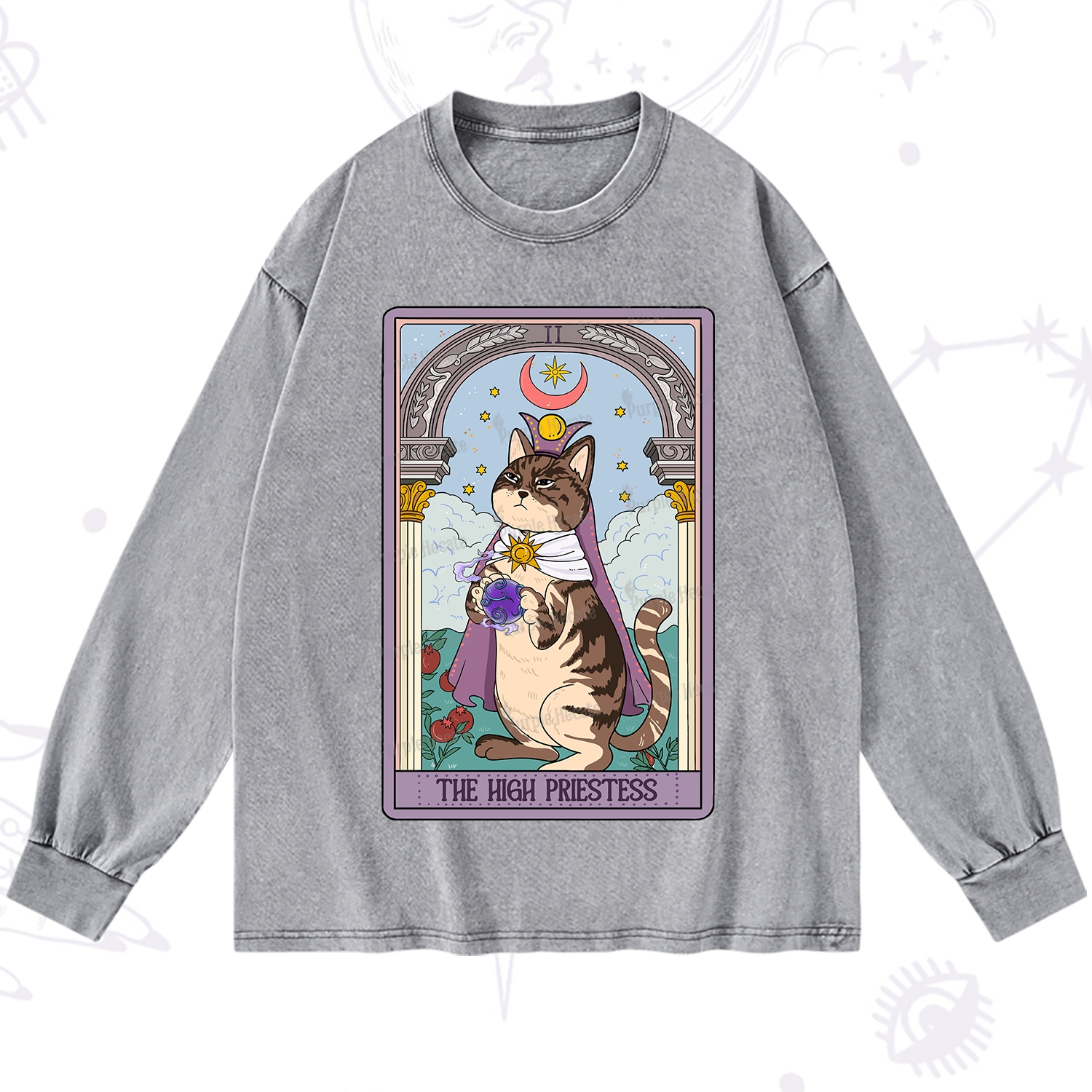 Purplehecate The High Priestess Cat Tarot Washed Long Sleeve Shirt