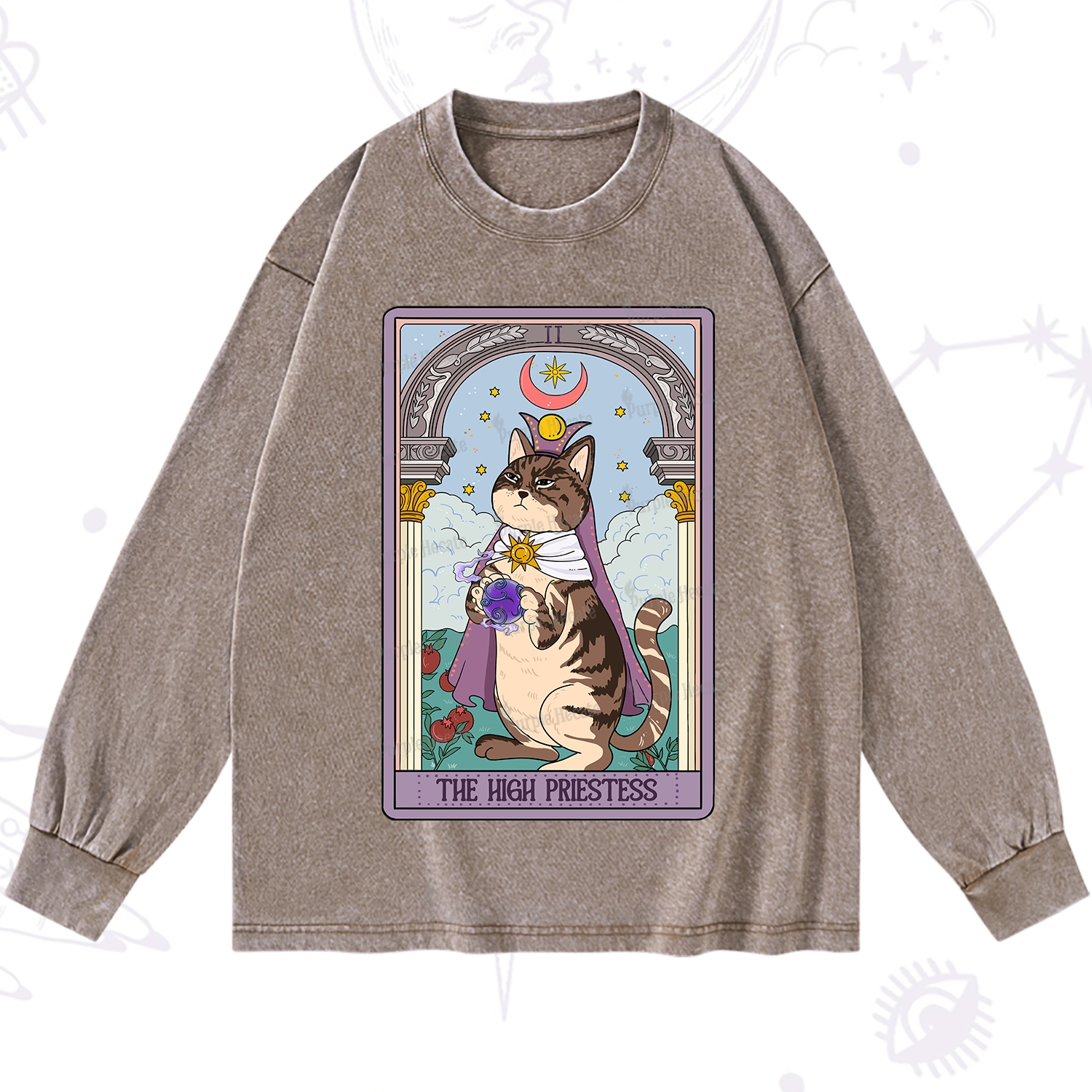 Purplehecate The High Priestess Cat Tarot Washed Long Sleeve Shirt