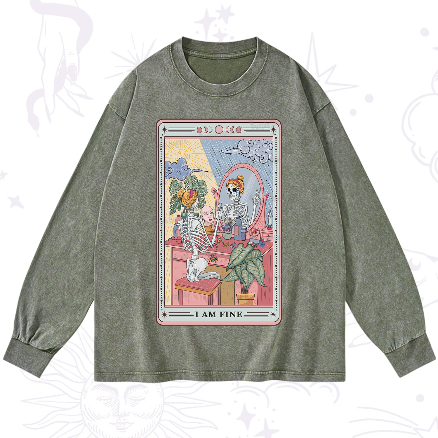 Purplehecate I Am Fine Tarot Card Washed Long Sleeve Shirt