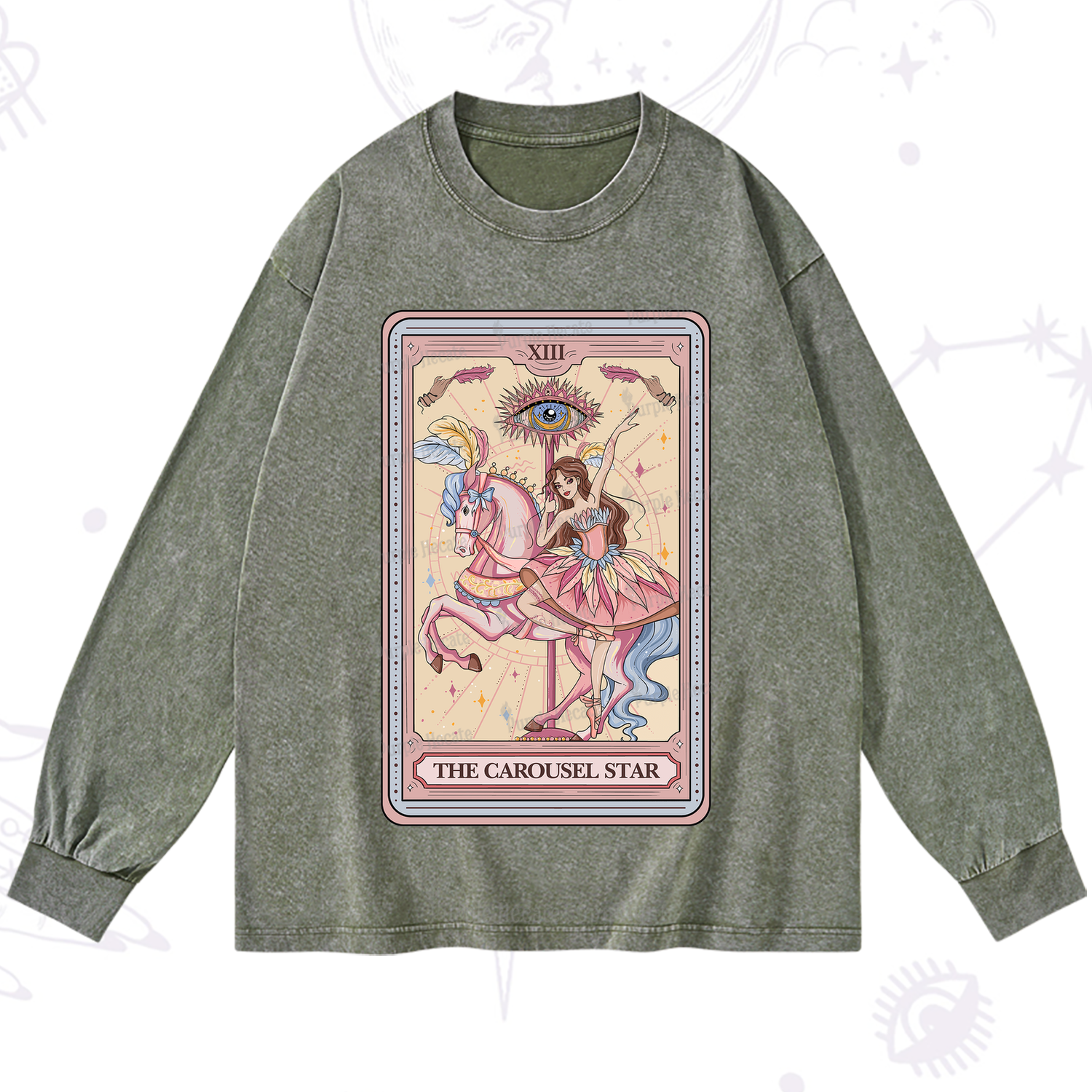 Purplehecate The Carousel Star Tarot Card Washed Long Sleeve Shirt