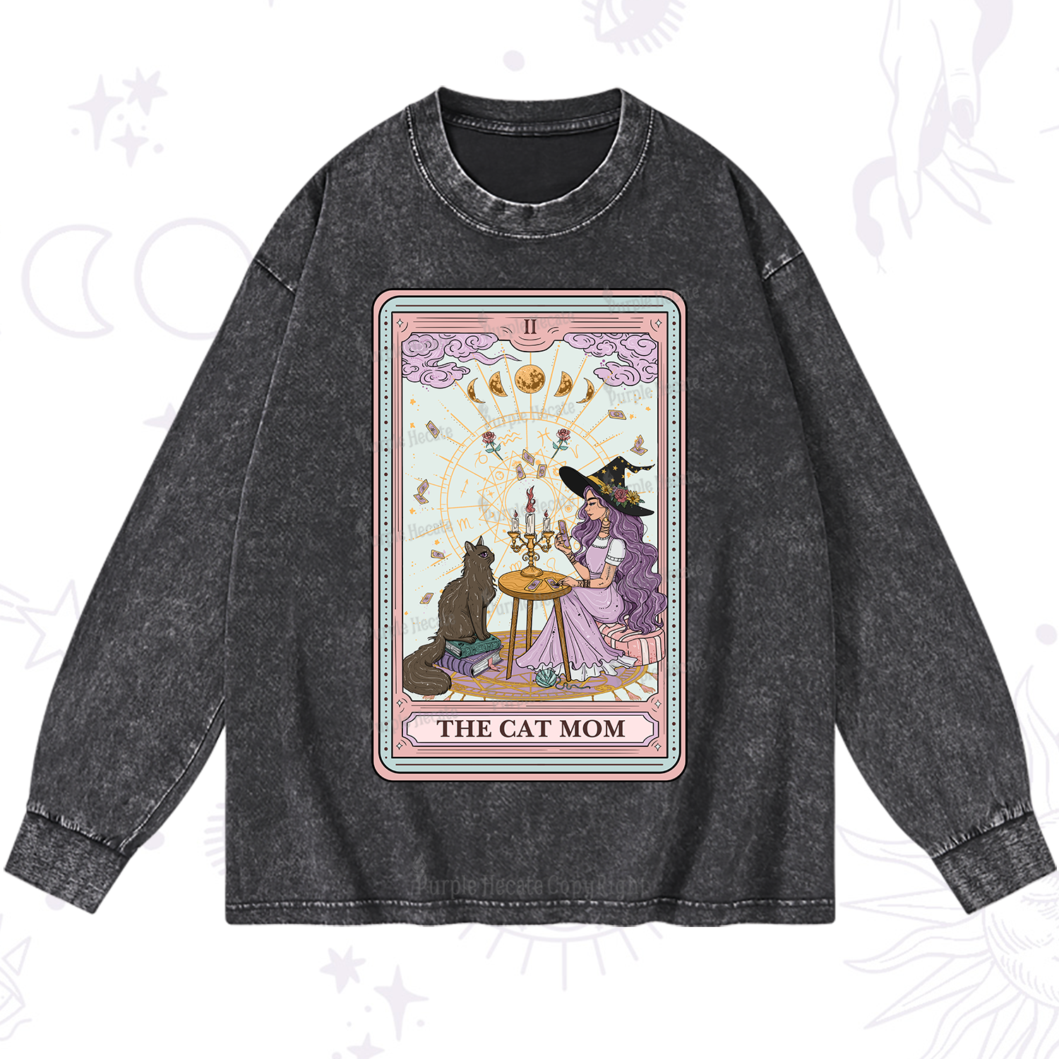 Purplehecate The Cat Witch Mom Tarot Washed Long Sleeve Shirt