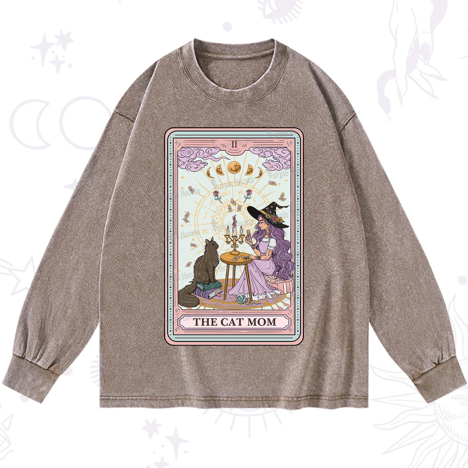 Purplehecate The Cat Witch Mom Tarot Washed Long Sleeve Shirt