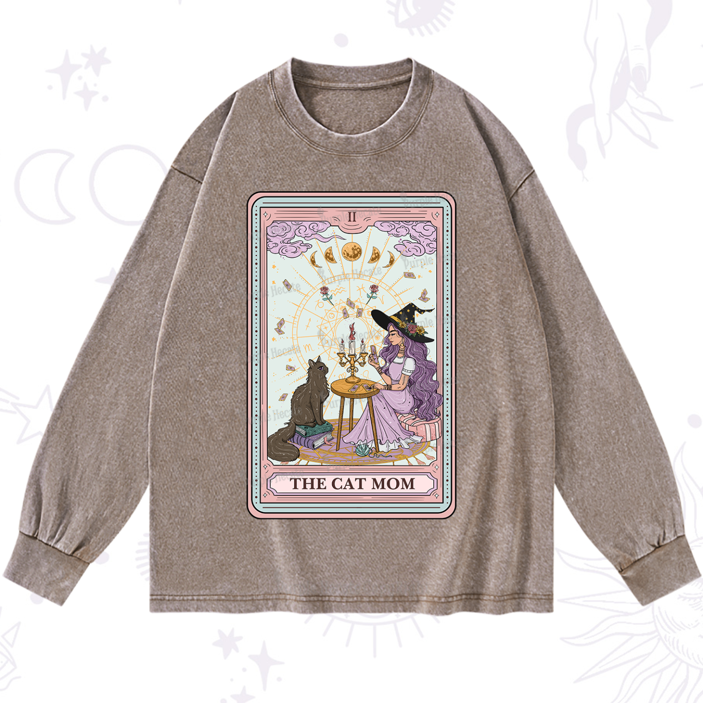Purplehecate The Cat Witch Mom Tarot Washed Long Sleeve Shirt