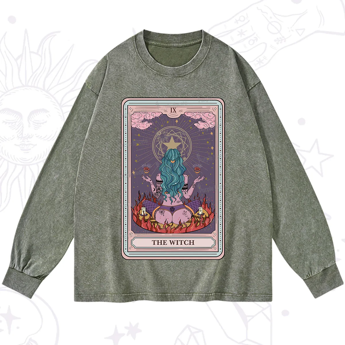 Purplehecate The Witch Tarot Card Washed Long Sleeve Shirt