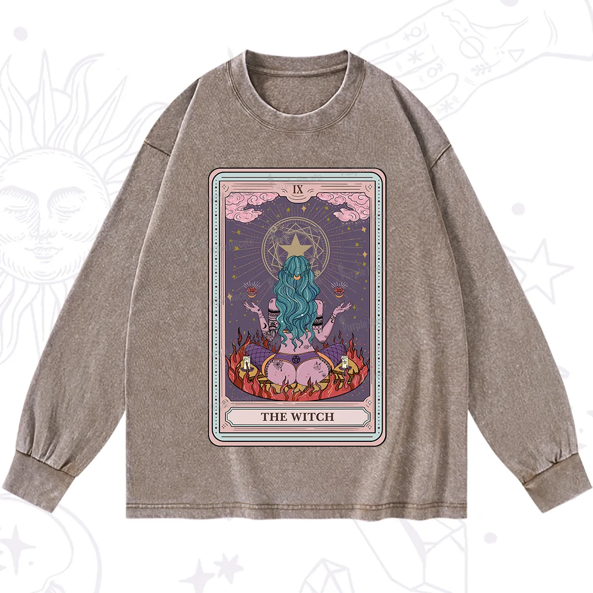 Purplehecate The Witch Tarot Card Washed Long Sleeve Shirt
