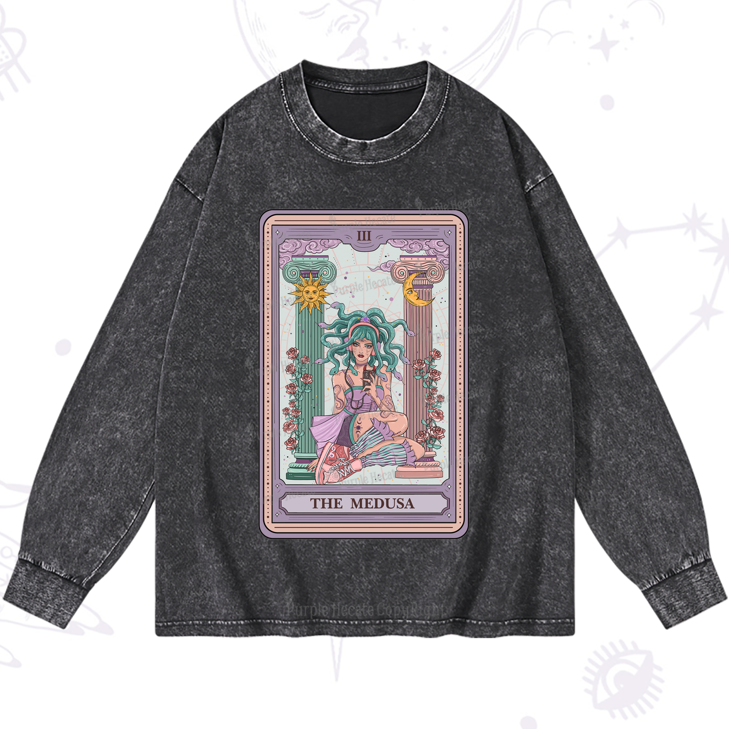 Purplehecate The Fashionable Medusa Tarot Card Washed Long Sleeve Shirt