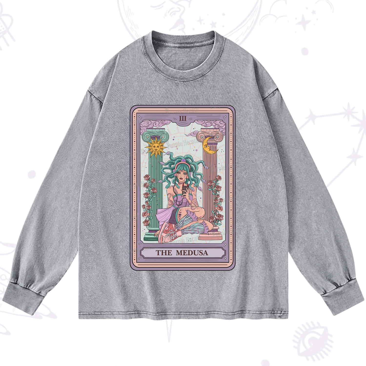 Purplehecate The Fashionable Medusa Tarot Card Washed Long Sleeve Shirt