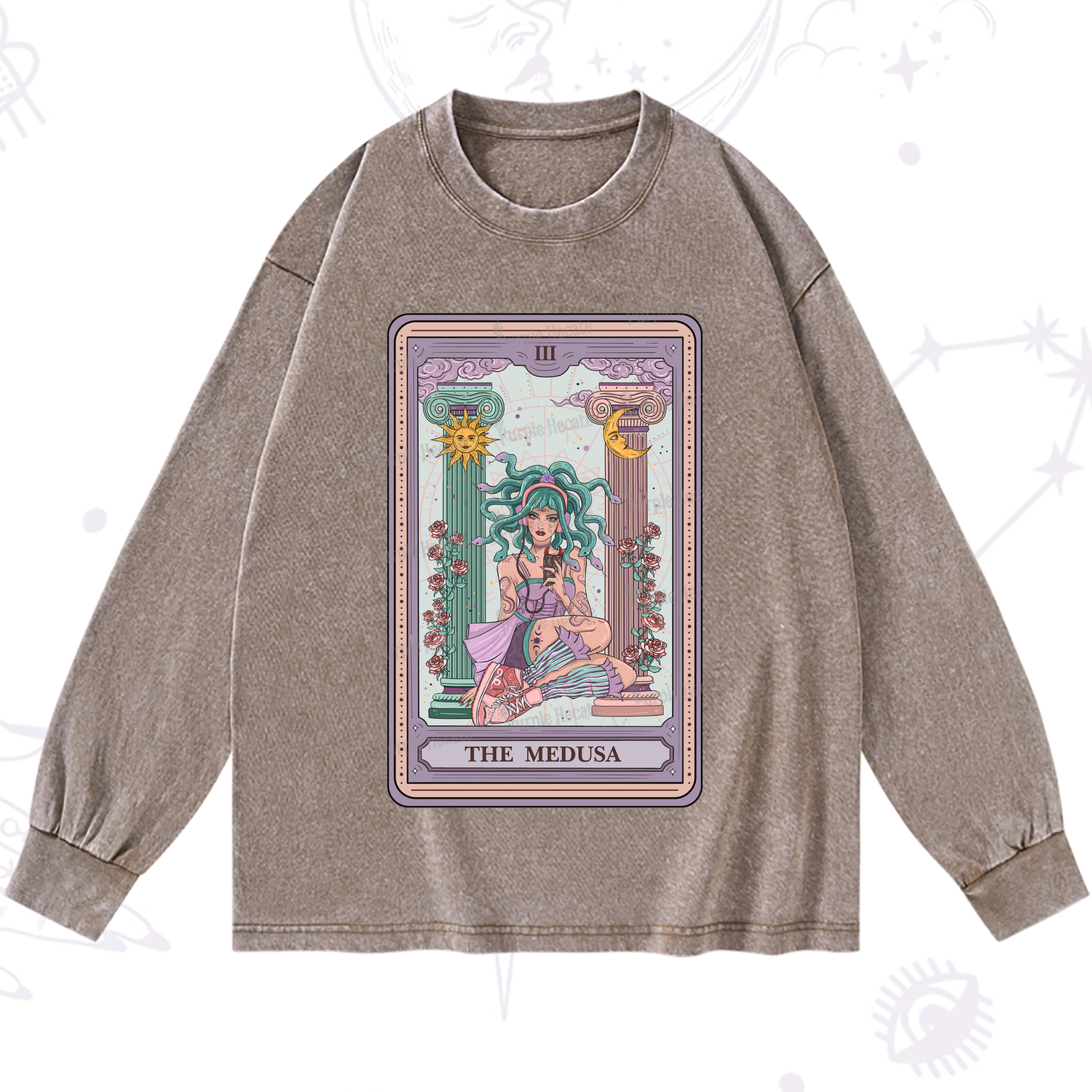 Purplehecate The Fashionable Medusa Tarot Card Washed Long Sleeve Shirt
