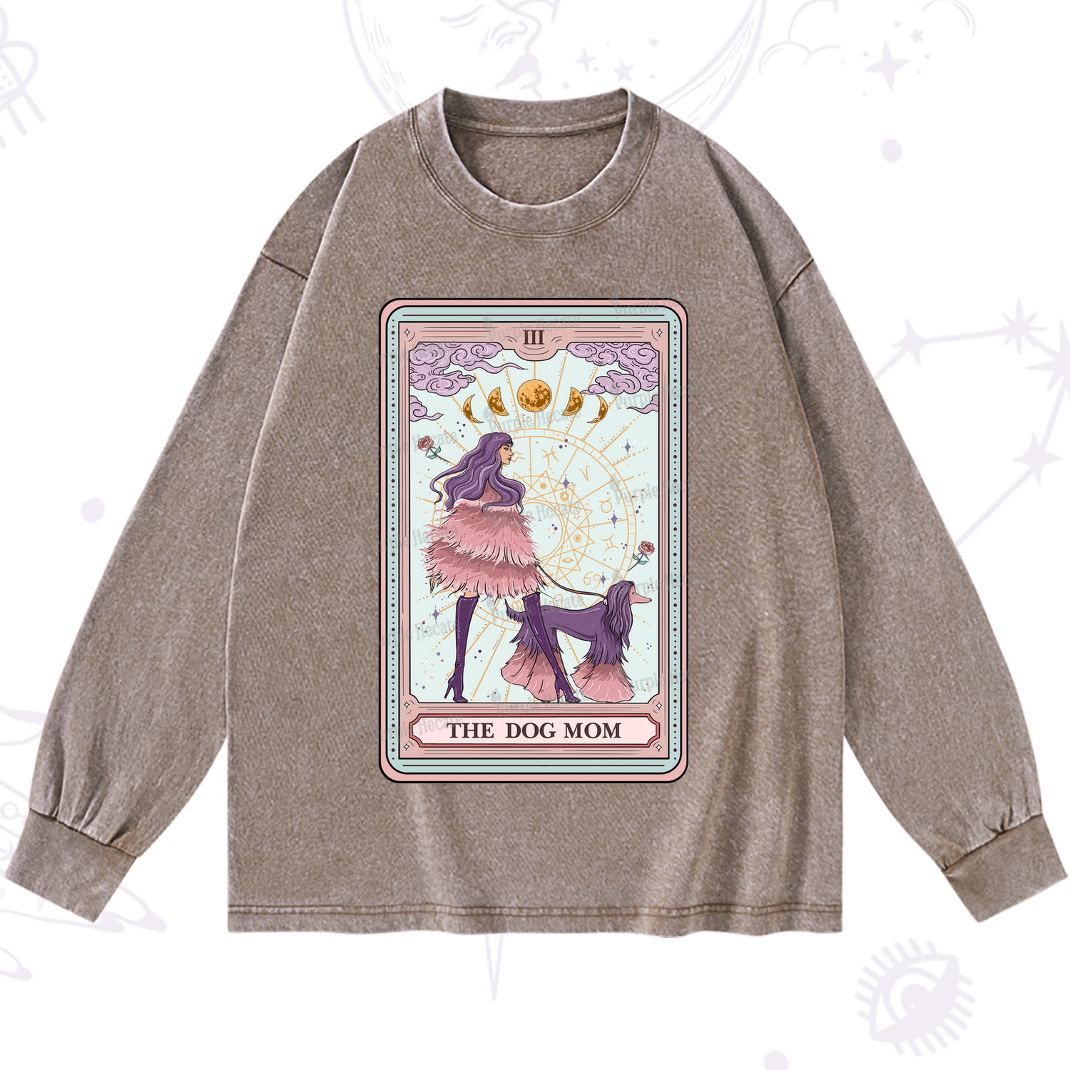 Purplehecate The Fashionable Dog Mom Tarot Card Washed Long Sleeve Shirt