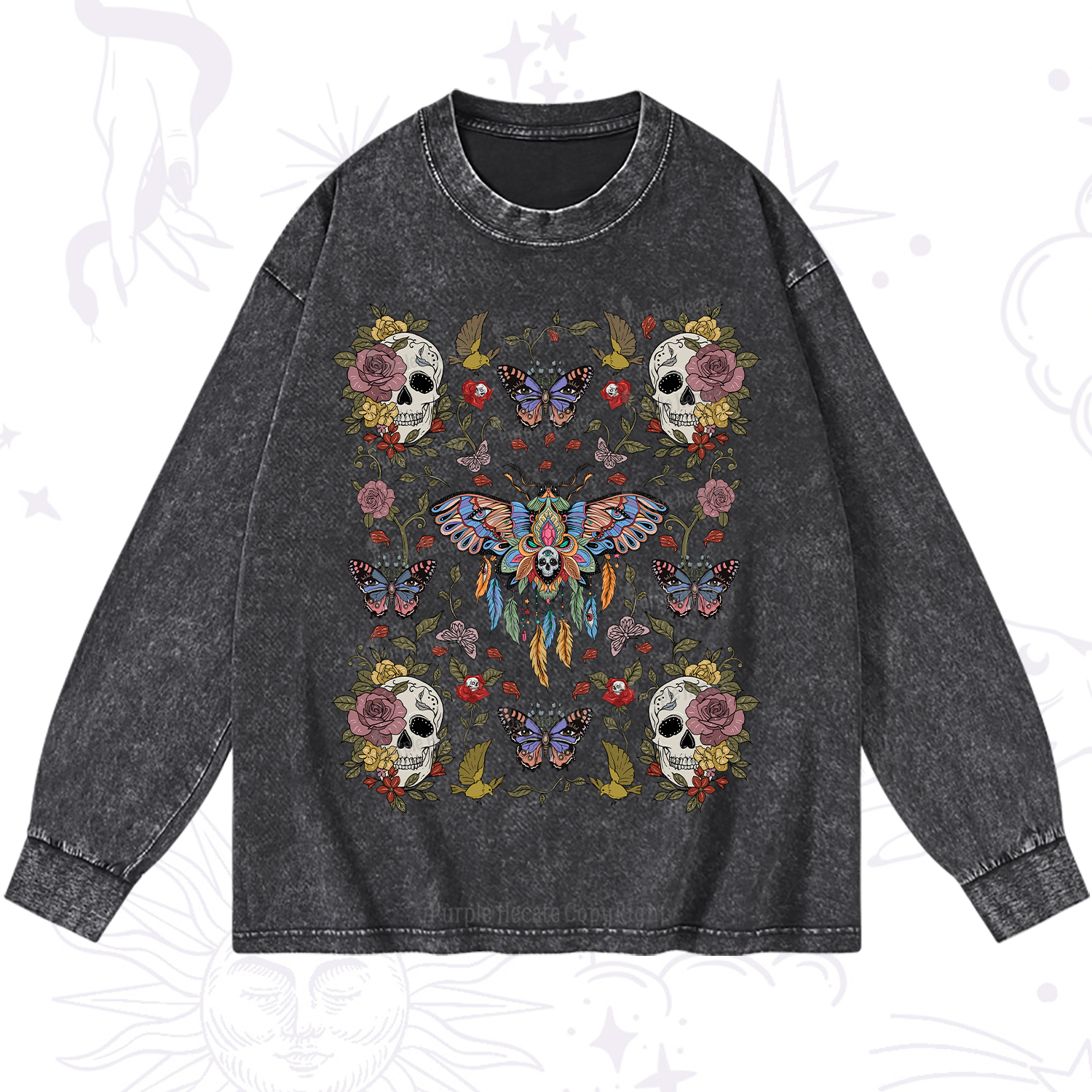 Purplehecate Moths Dancing Washed Long Sleeve Shirt