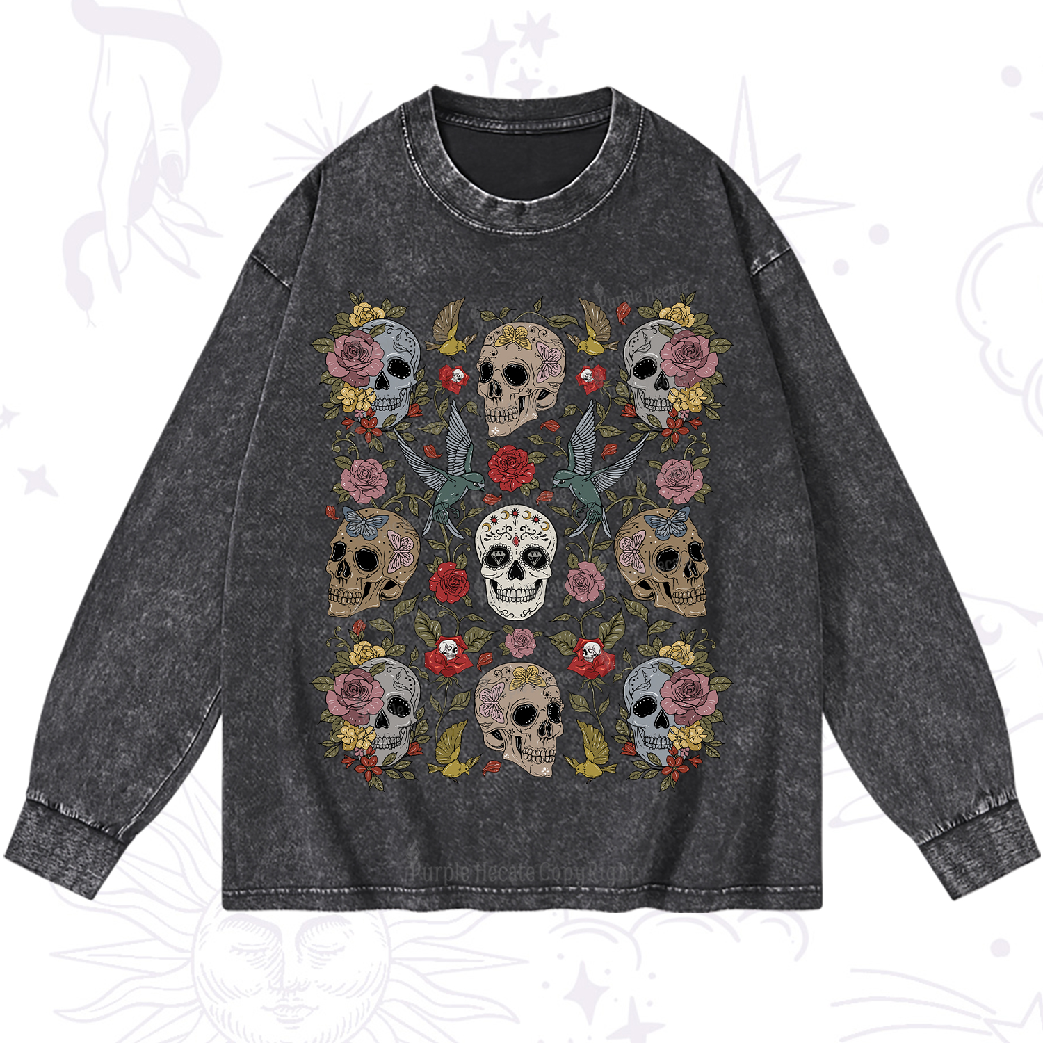 Purplehecate Skull Garden Washed Long Sleeve Shirt