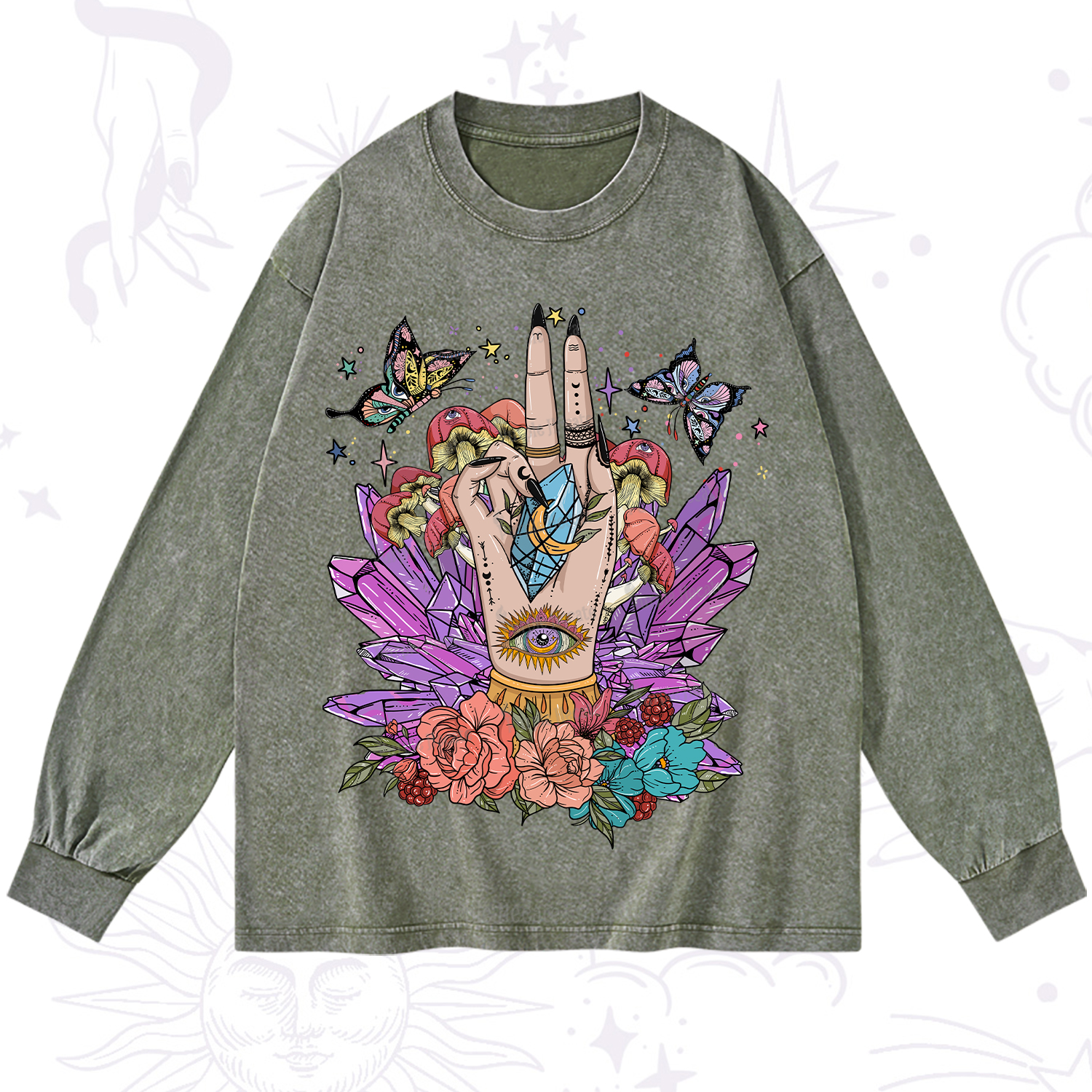 Purplehecate Mystic Crystal Divination Washed Long Sleeve Shirt