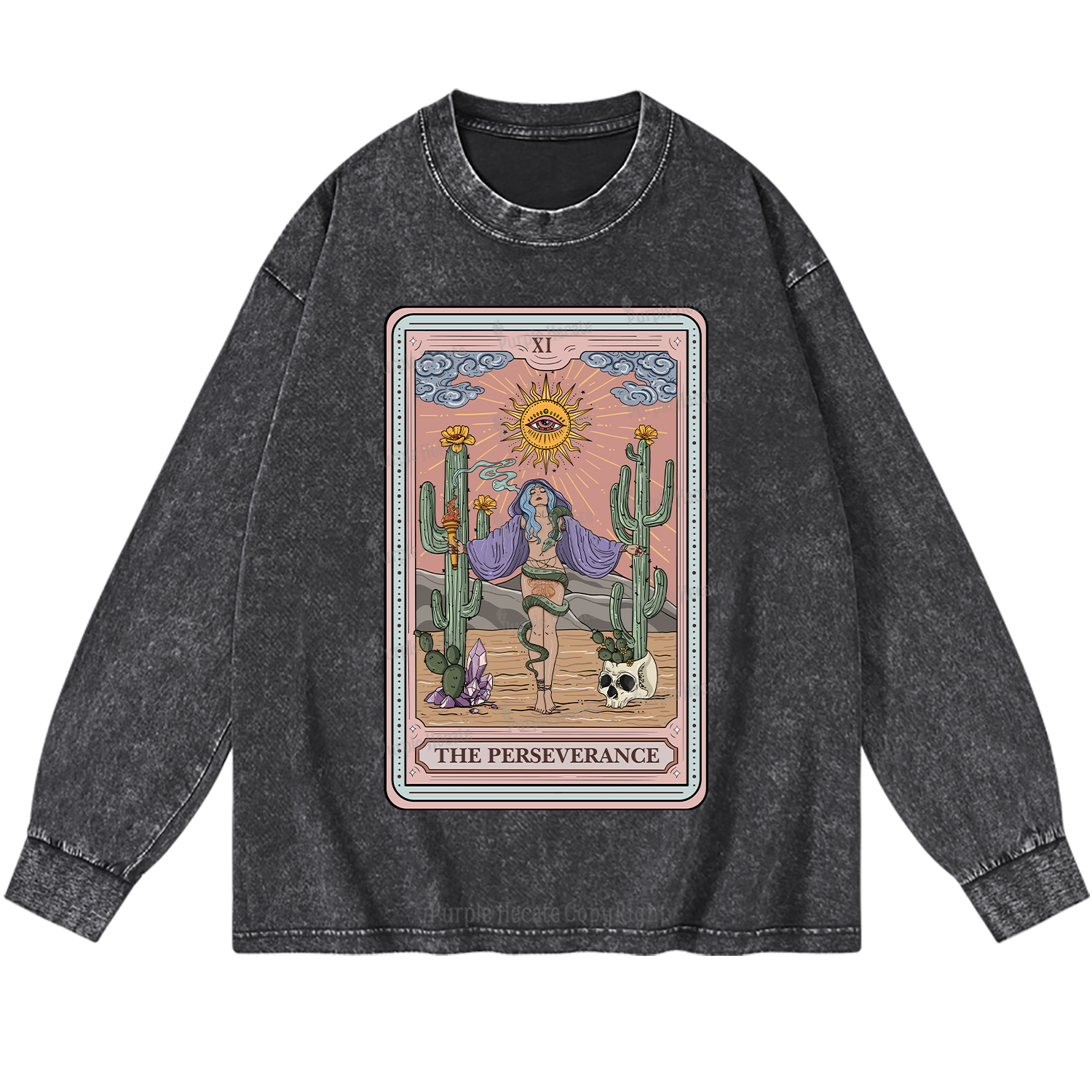 Purplehecate The Perseverance Tarot Card Washed Long Sleeve Shirt