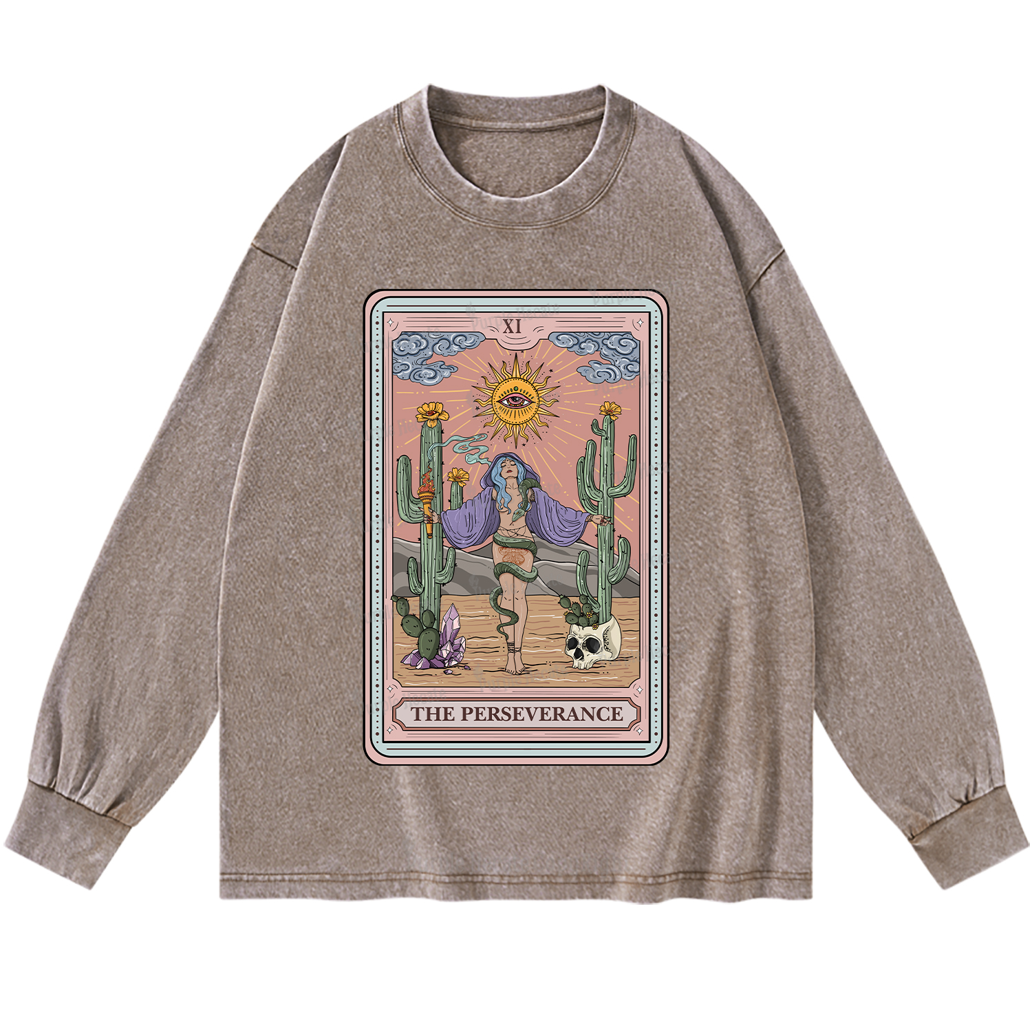 Purplehecate The Perseverance Tarot Card Washed Long Sleeve Shirt