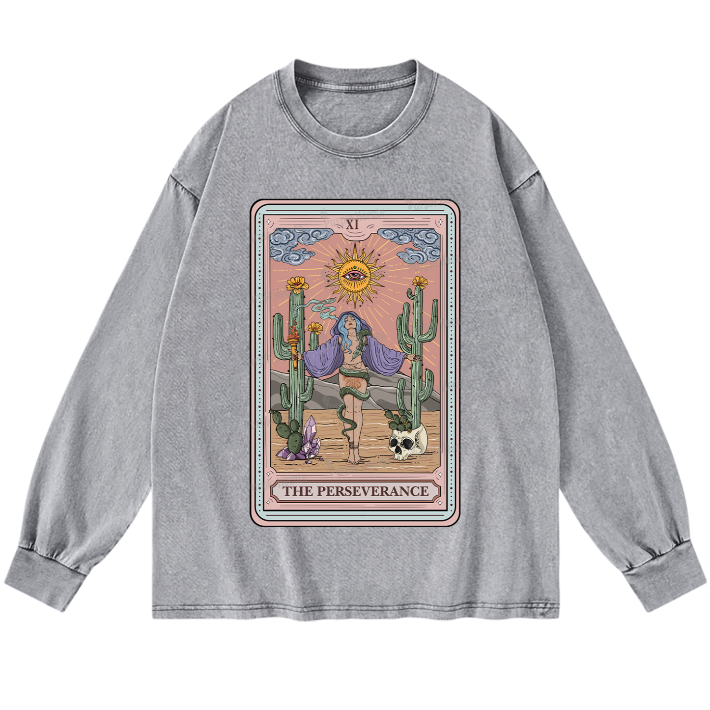 Purplehecate The Perseverance Tarot Card Washed Long Sleeve Shirt