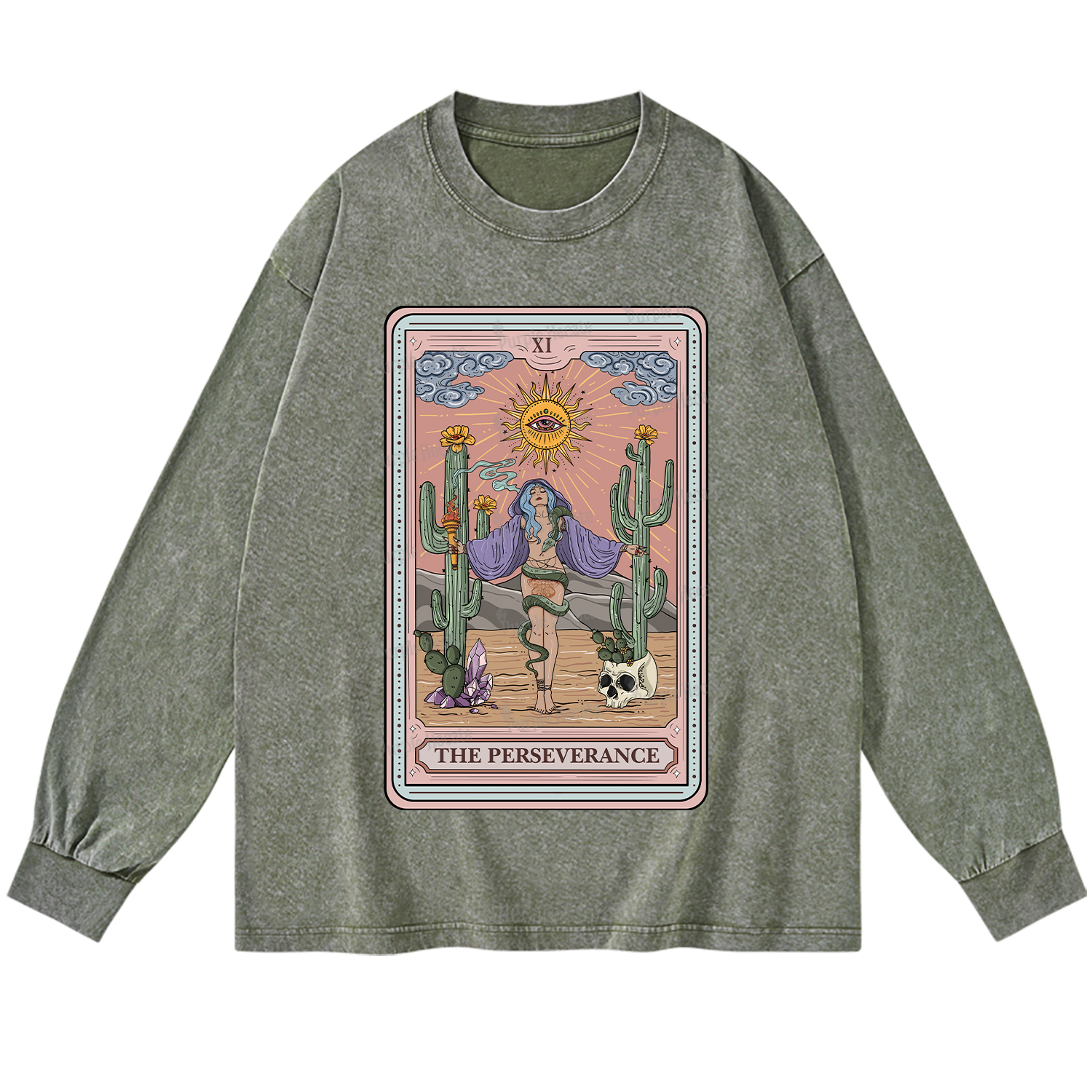 Purplehecate The Perseverance Tarot Card Washed Long Sleeve Shirt