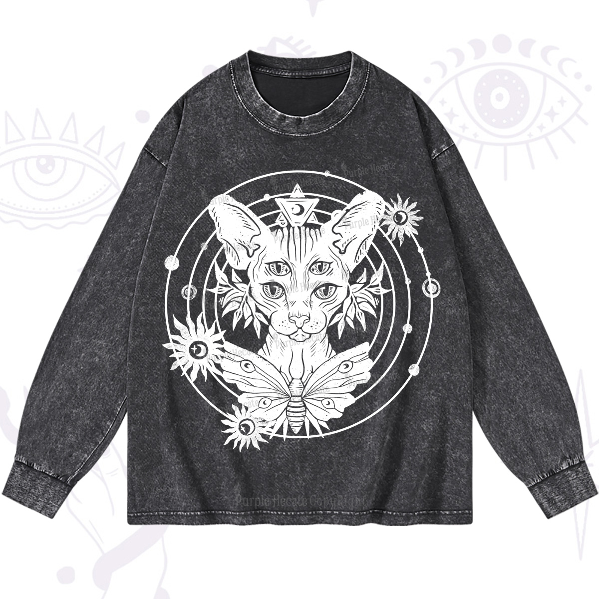 Purplehecate Mystic Sphynx Cat Lover Washed Long Sleeve Shirt