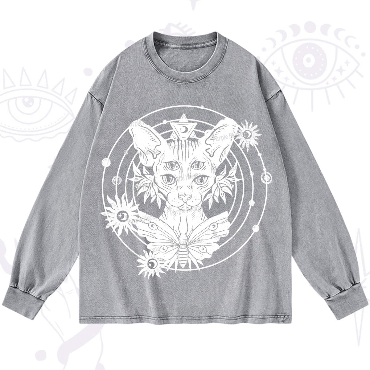 Purplehecate Mystic Sphynx Cat Lover Washed Long Sleeve Shirt