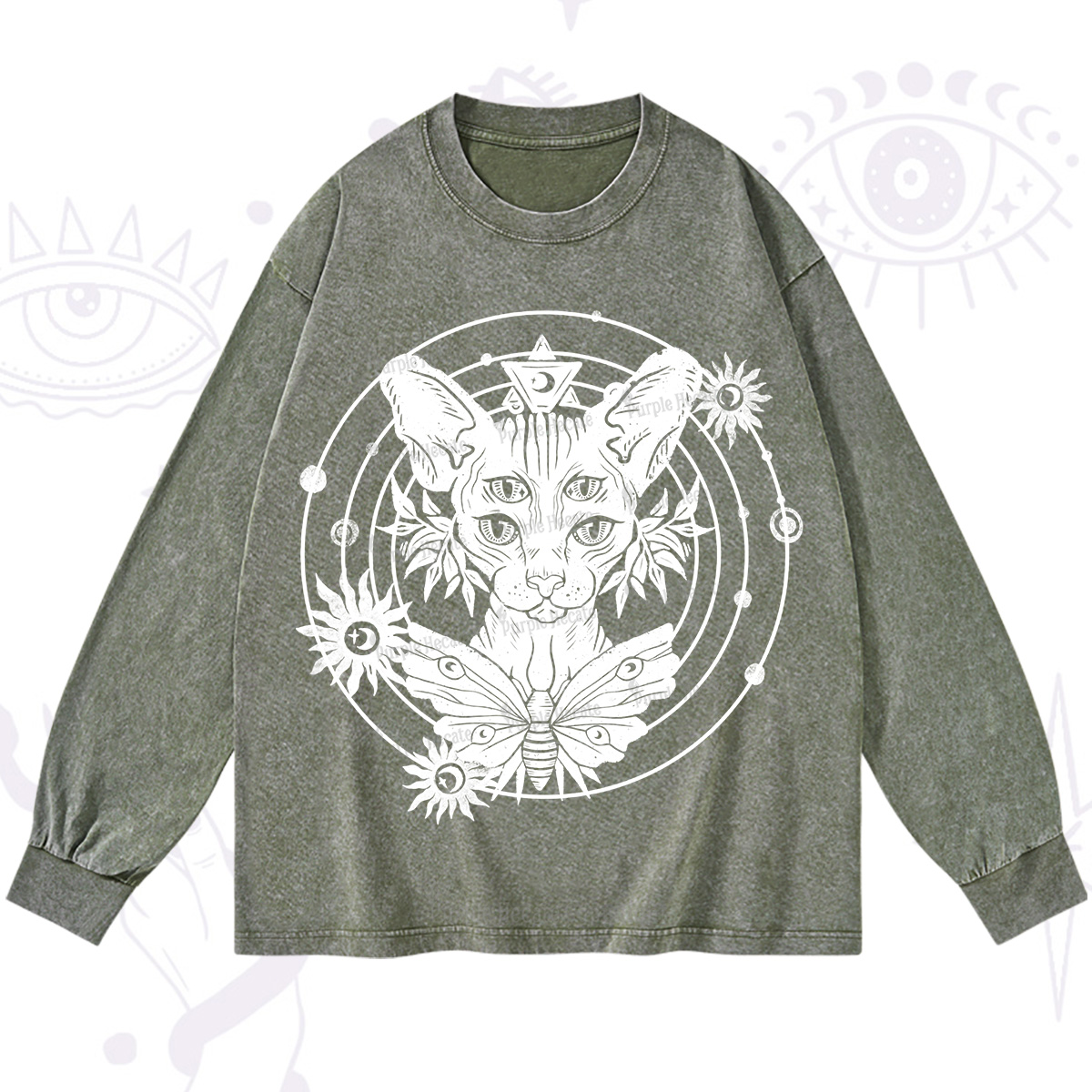 Purplehecate Mystic Sphynx Cat Lover Washed Long Sleeve Shirt