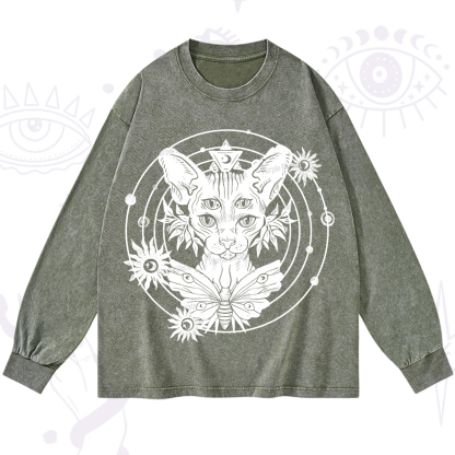 Purplehecate Mystic Sphynx Cat Lover Washed Long Sleeve Shirt
