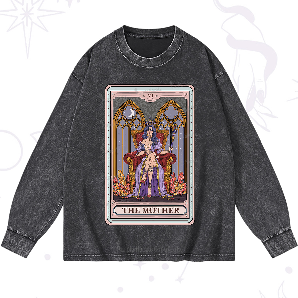 Purplehecate The Mother Tarot Card Washed Long Sleeve Shirt
