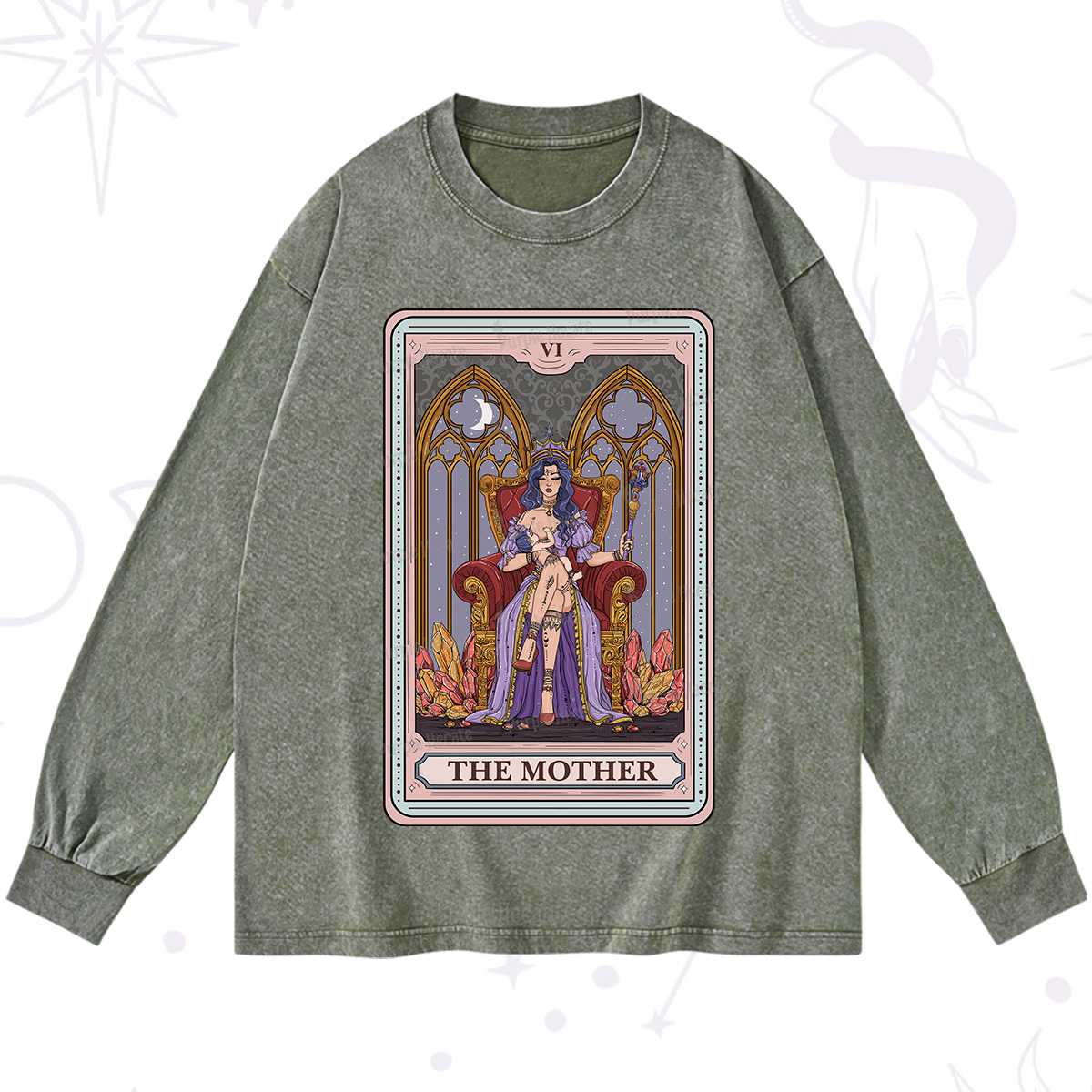 Purplehecate The Mother Tarot Card Washed Long Sleeve Shirt