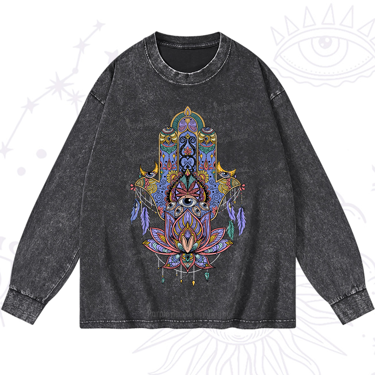 Purplehecate Hamsa Evil Eye Washed Long Sleeve Shirt
