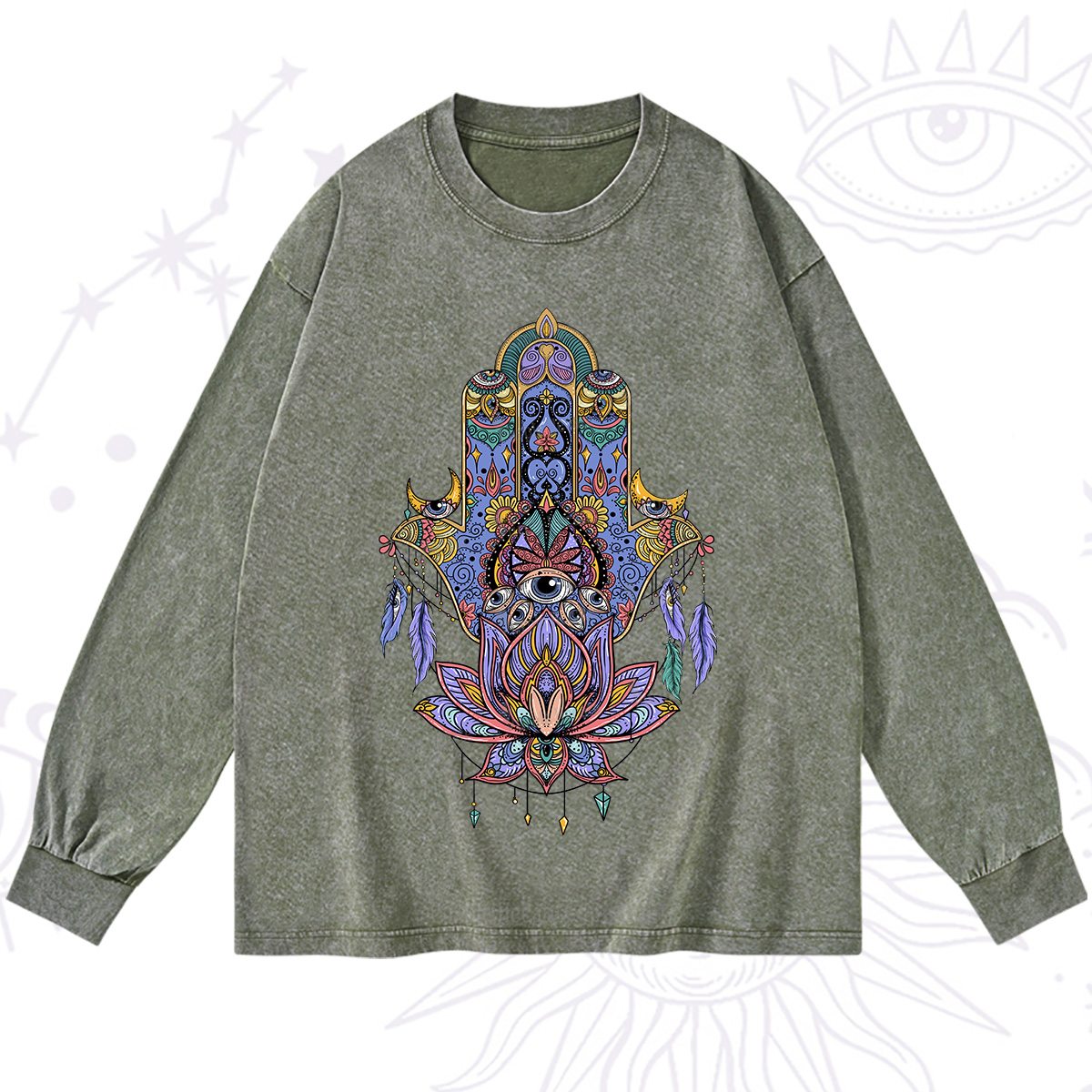 Purplehecate Hamsa Evil Eye Washed Long Sleeve Shirt