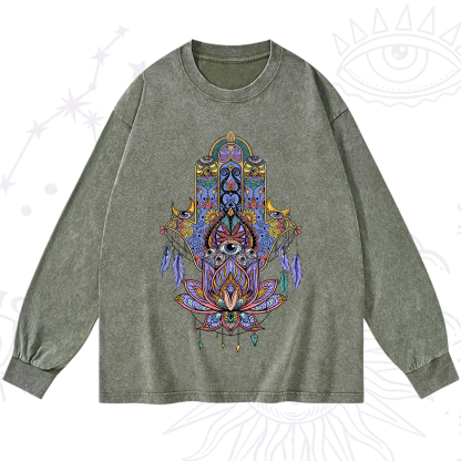 Purplehecate Hamsa Evil Eye Washed Long Sleeve Shirt