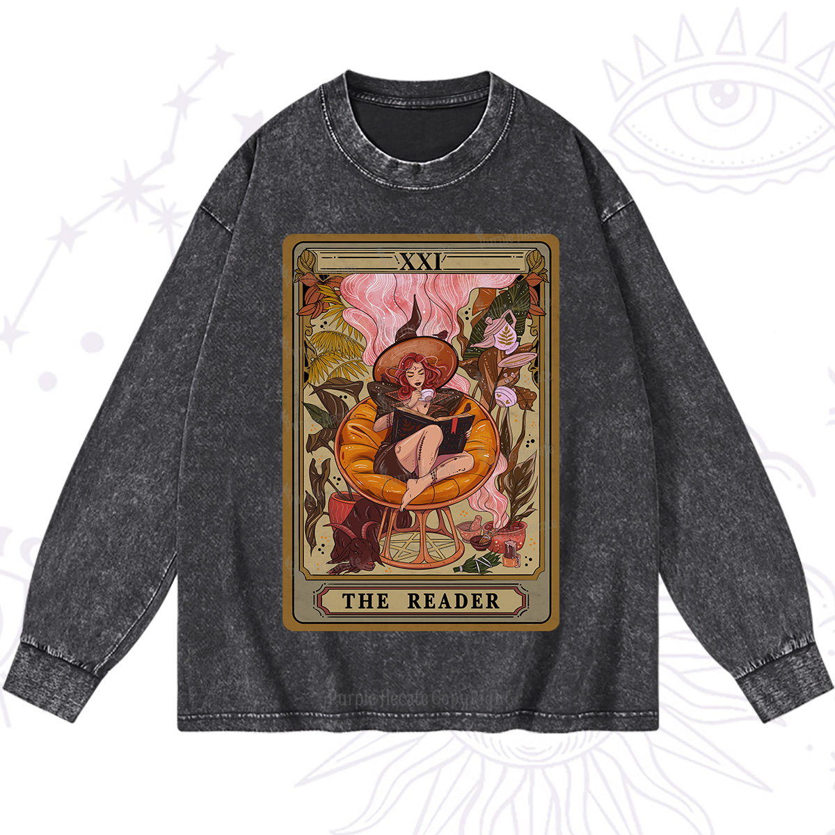 Purplehecate The Reader Tarot Card Washed Long Sleeve Shirt