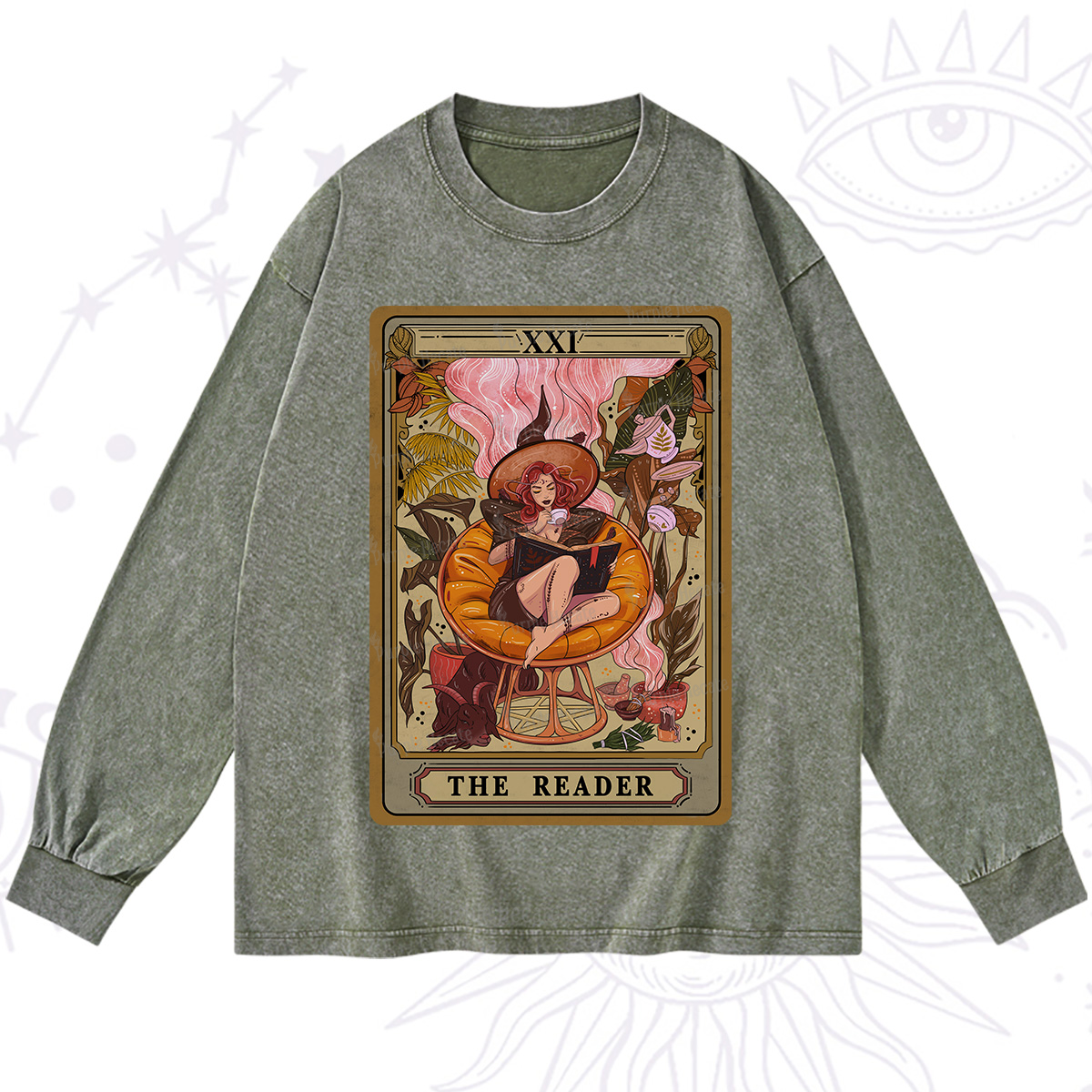 Purplehecate The Reader Tarot Card Washed Long Sleeve Shirt