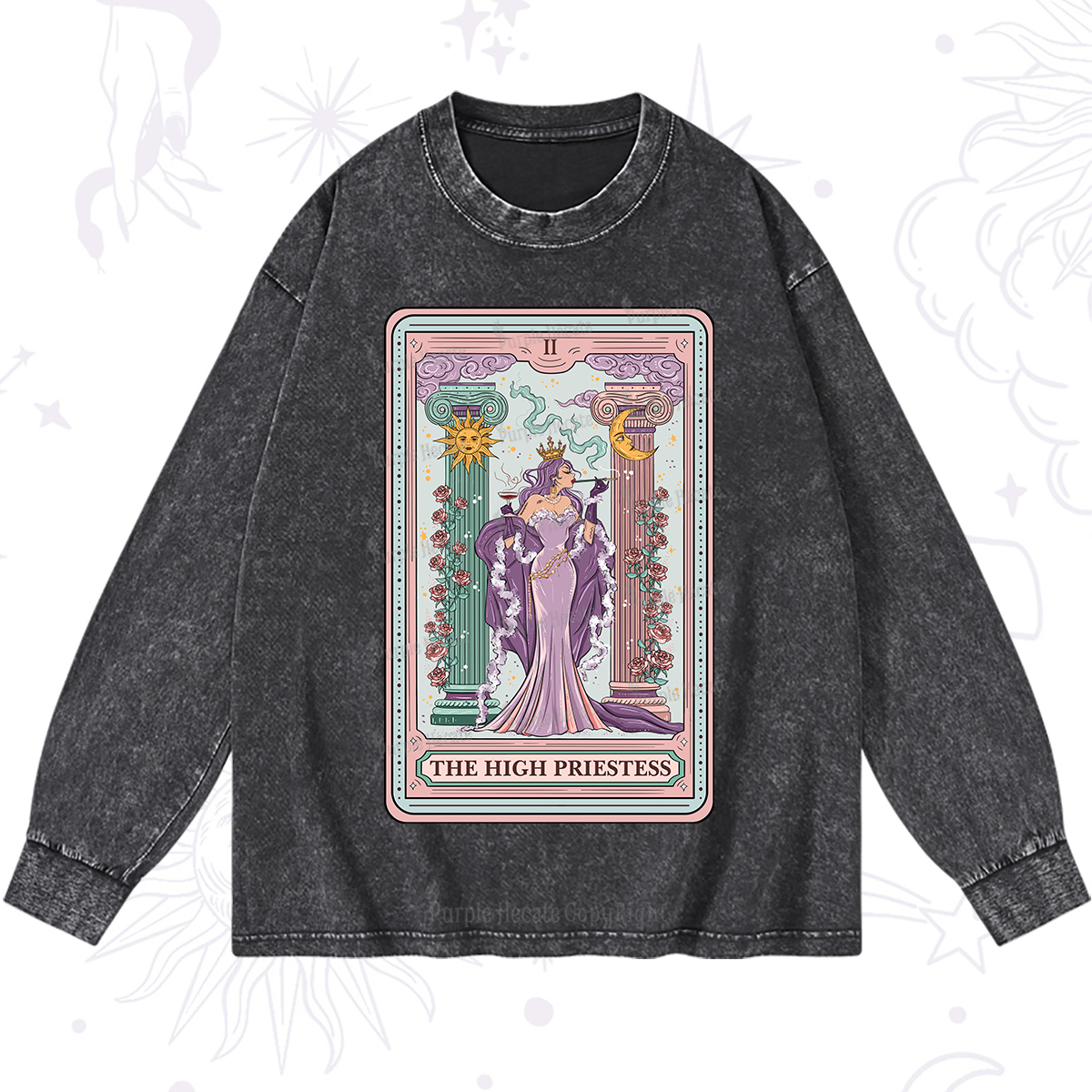Purplehecate The High Priestess Tarot Card Washed Long Sleeve Shirt