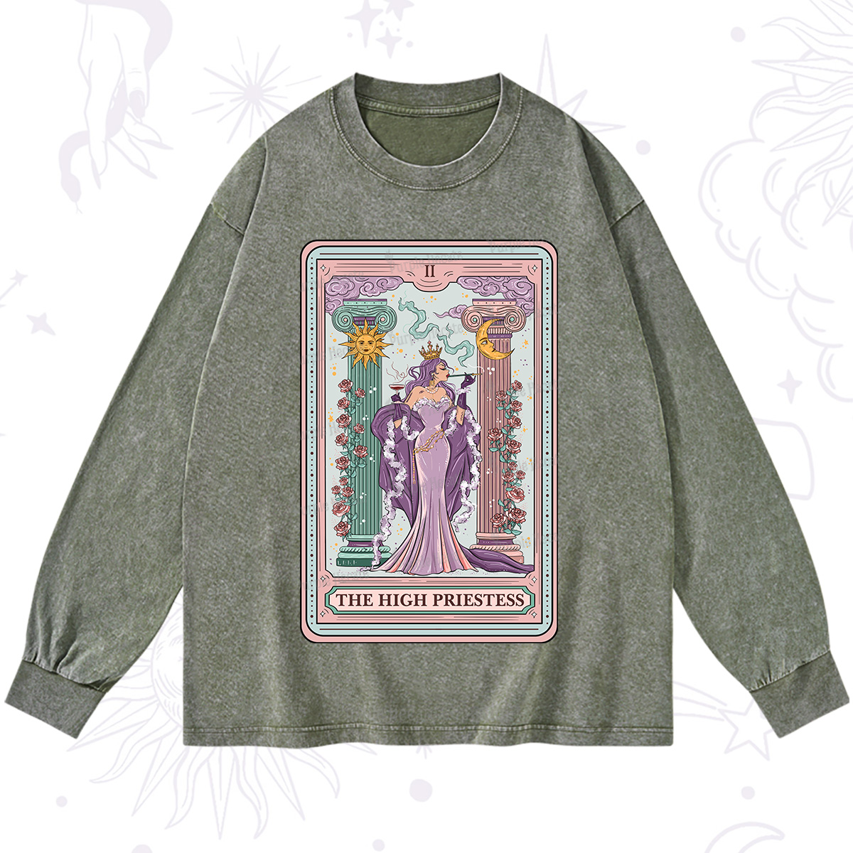 Purplehecate The High Priestess Tarot Card Washed Long Sleeve Shirt